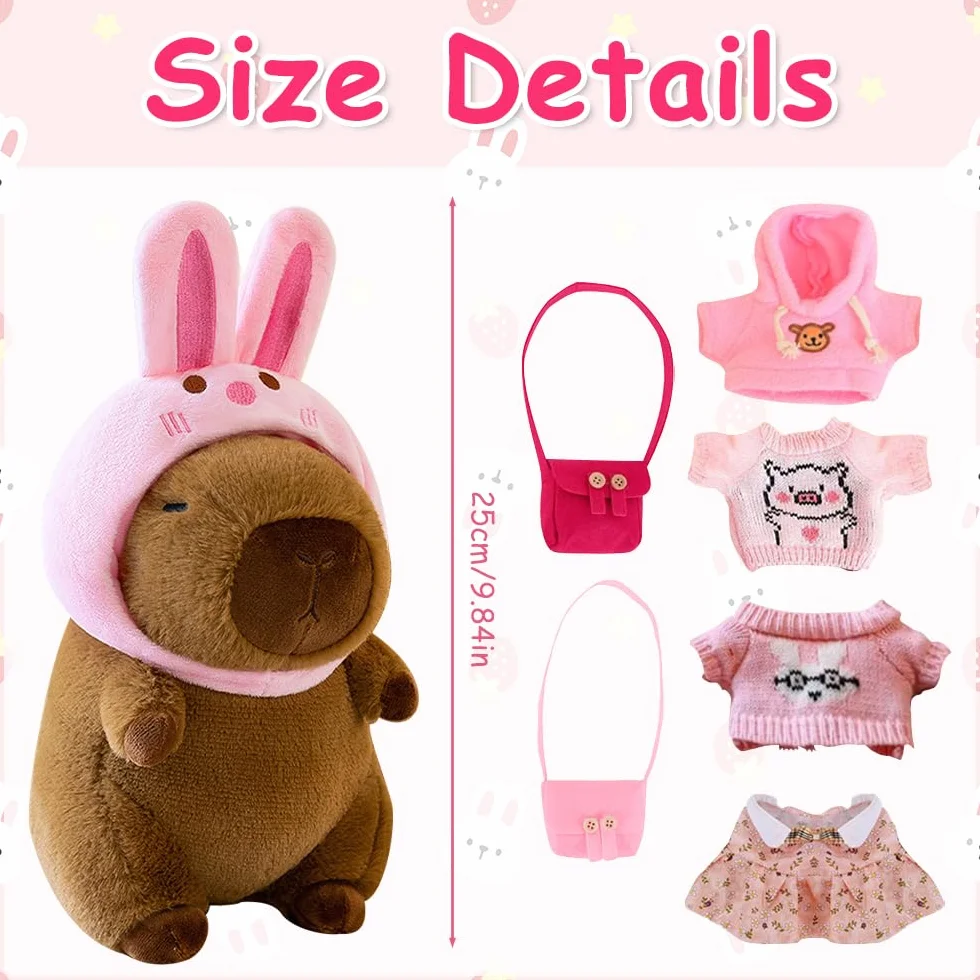 Foreverup 8 sztuk pluszowego Capybara, 25 cm Capybara przytulanka, pluszowe wodne świnki morskie z ubraniami, torebką, kapeluszem, pluszowy Capybara z ubraniami i akcesoriami do dekoracji domu
