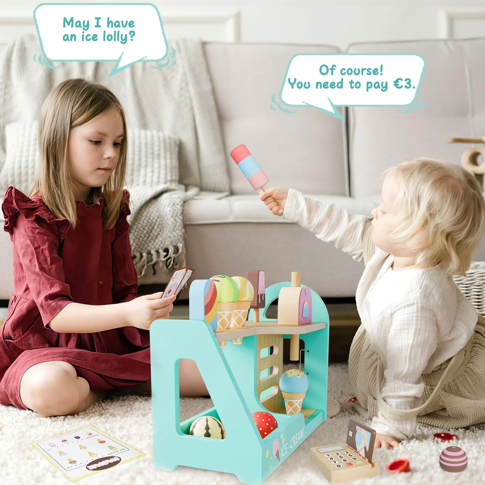 Drewniana zabawka do lodziarni dla dzieci, Drewniana zabawka do lodów dla dziewczynek w wieku 3, 4, 5 i 6 lat, Akcesoria kuchenne, Drewniana zabawka Montessori, Prezent dla dziewczynek i chłopców