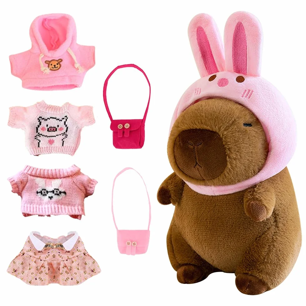Foreverup 8 sztuk pluszowego Capybara, 25 cm Capybara przytulanka, pluszowe wodne świnki morskie z ubraniami, torebką, kapeluszem, pluszowy Capybara z ubraniami i akcesoriami do dekoracji domu