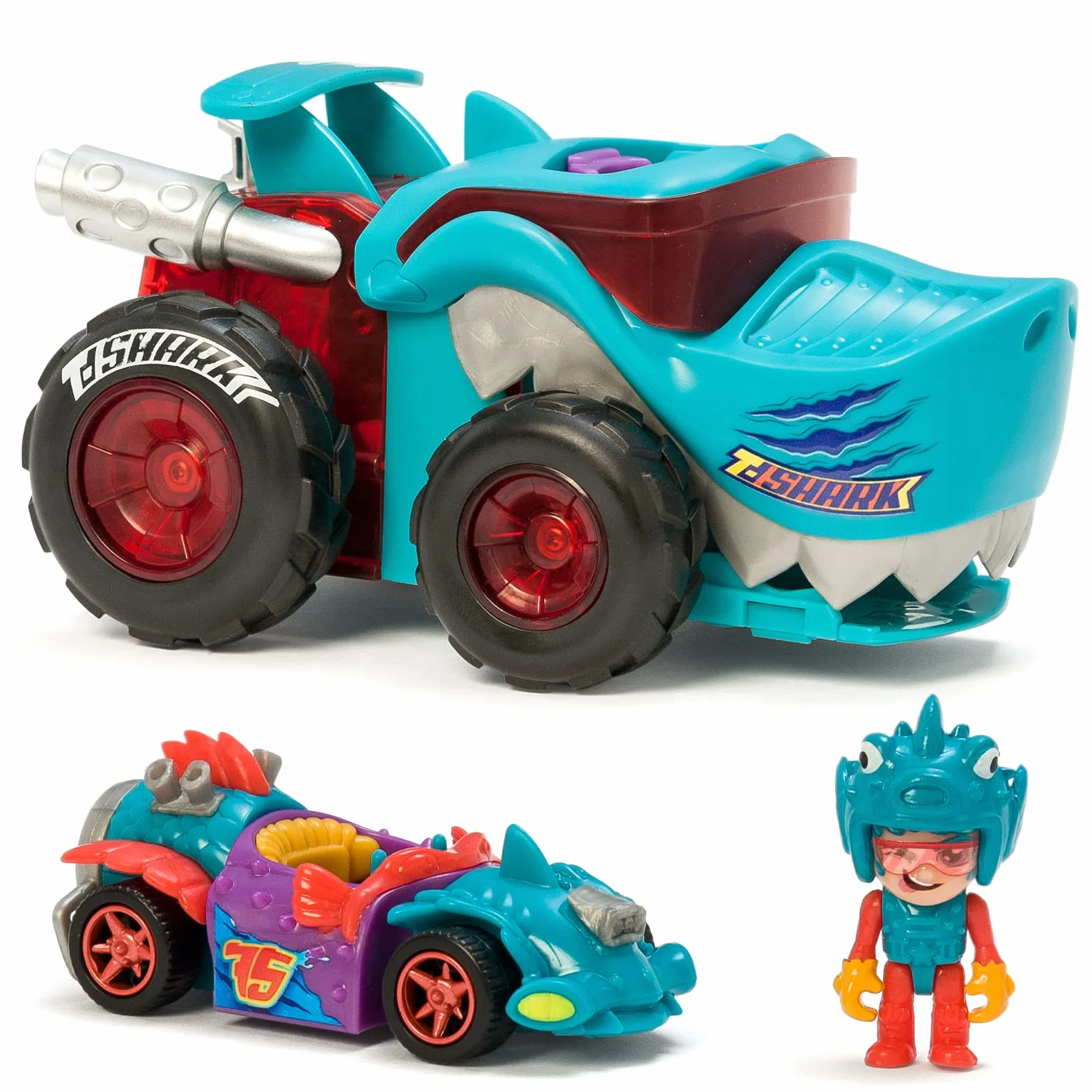 T-Racers Mega Wheels T-Shark, Wyrzutnia samochodów z 1 ekskluzywnym kierowcą i 1 ekskluzywnym pojazdem. Kompatybilny z innymi samochodami z serii T-Racers.