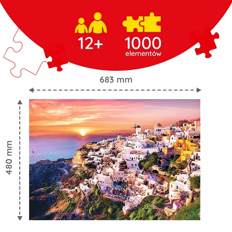 Trefl - Puzzle Zachód Słońca nad Santorini, Grecja - 1000 Elementów, Grecka Wyspa, Widok na Piękne Miasto, Układanka DIY, Kreatywna Rozrywka, Prezent, Puzzle Klasyczne dla Dorosłych i Dzieci od 12 Lat