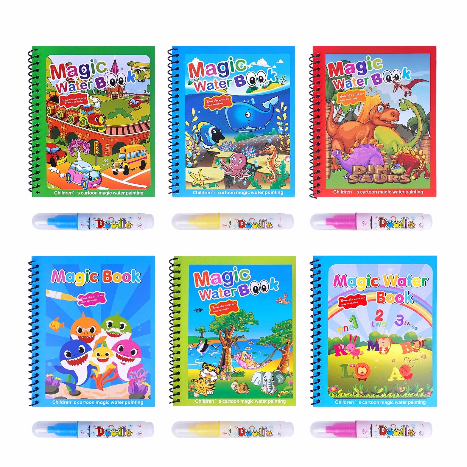 Realjoy 6 sztuk magicznych kolorowanek wodnych wielokrotnego użytku książki do malowania wodą dla dzieci z 6 pisakami wodnymi zwierzę magiczne malarstwo książka dla dzieci malucha zabawka edukacyjna