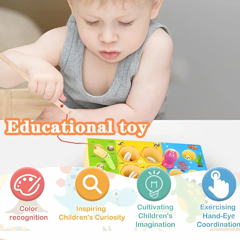 3-w-1 Magnetyczna ryba drewniana gra rybna: Montessori Edukacyjna zabawka dla dzieci w wieku 2-5 lat, gry edukacyjne