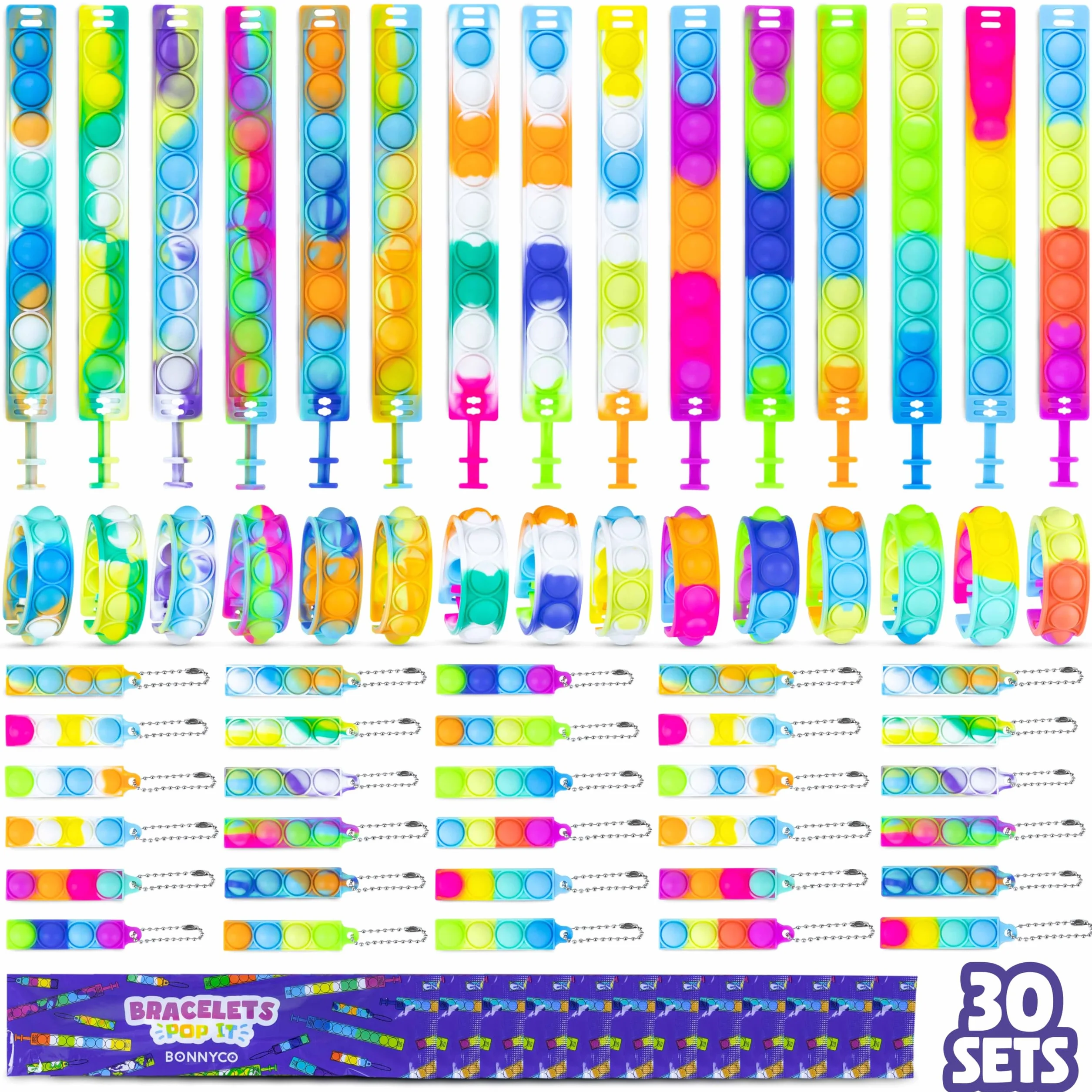 BONNYCO Bransoletki i Breloczki Pop It do Wypełniania Worków na Imprezę dla Dzieci Unisex 30 Szt. Wypełnienie Worków Imprezy, Zabawki Antystresowe, Upominki na Przyjęcie Dziecięce