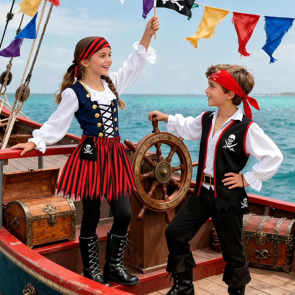 AOOWU Kostium pirata dla dziewcząt, zestaw do odgrywania ról, ze spódnicą piracką i opaską na głowę, sukienka księżniczki Buccaneer dla dziewcząt, przebranie kapitana pirata, na przyjęcie urodzinowe