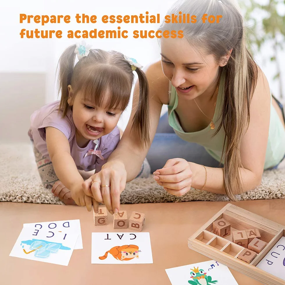 Coogam Gry pisownicze, drewniane pasujące litery zabawka ze słowami karty błyskowe, alfabety ABC nauka edukacyjne montessori puzzle prezent dla przedszkolaków dzieci chłopców dziewcząt wiek 3 4 5 lat