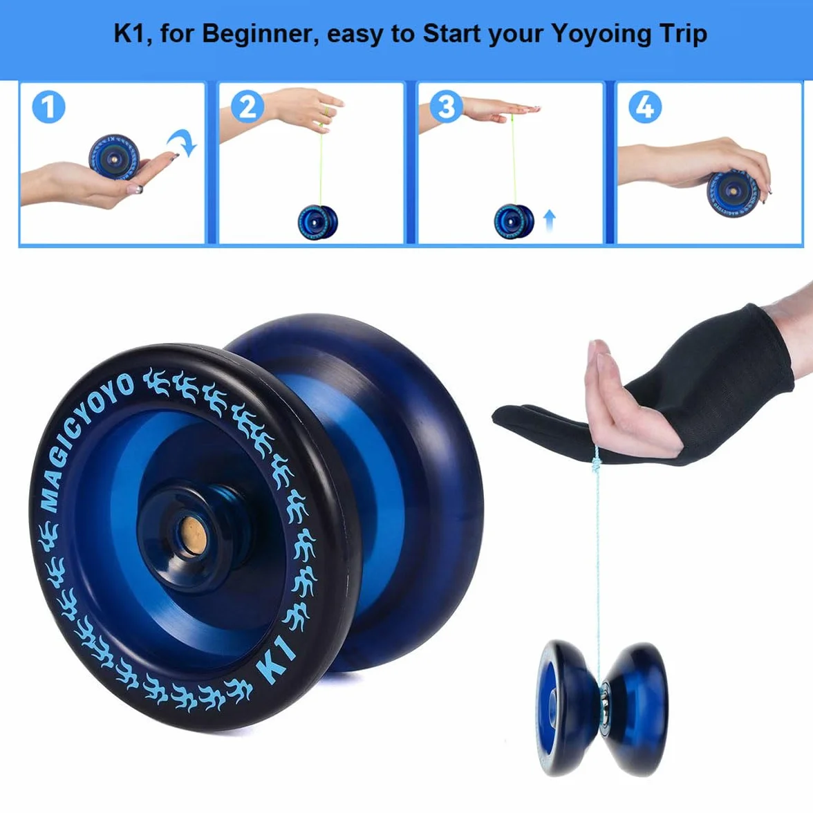MAGICYOYO Profesjonalne yoyo dla dzieci, jo-jo dla początkujących, Magic Yoyo K1-Plus z torbą Yo Jo + rękawicą + 5 strunami jo-jo + 2 drążki do podnoszenia jojo niebieskie