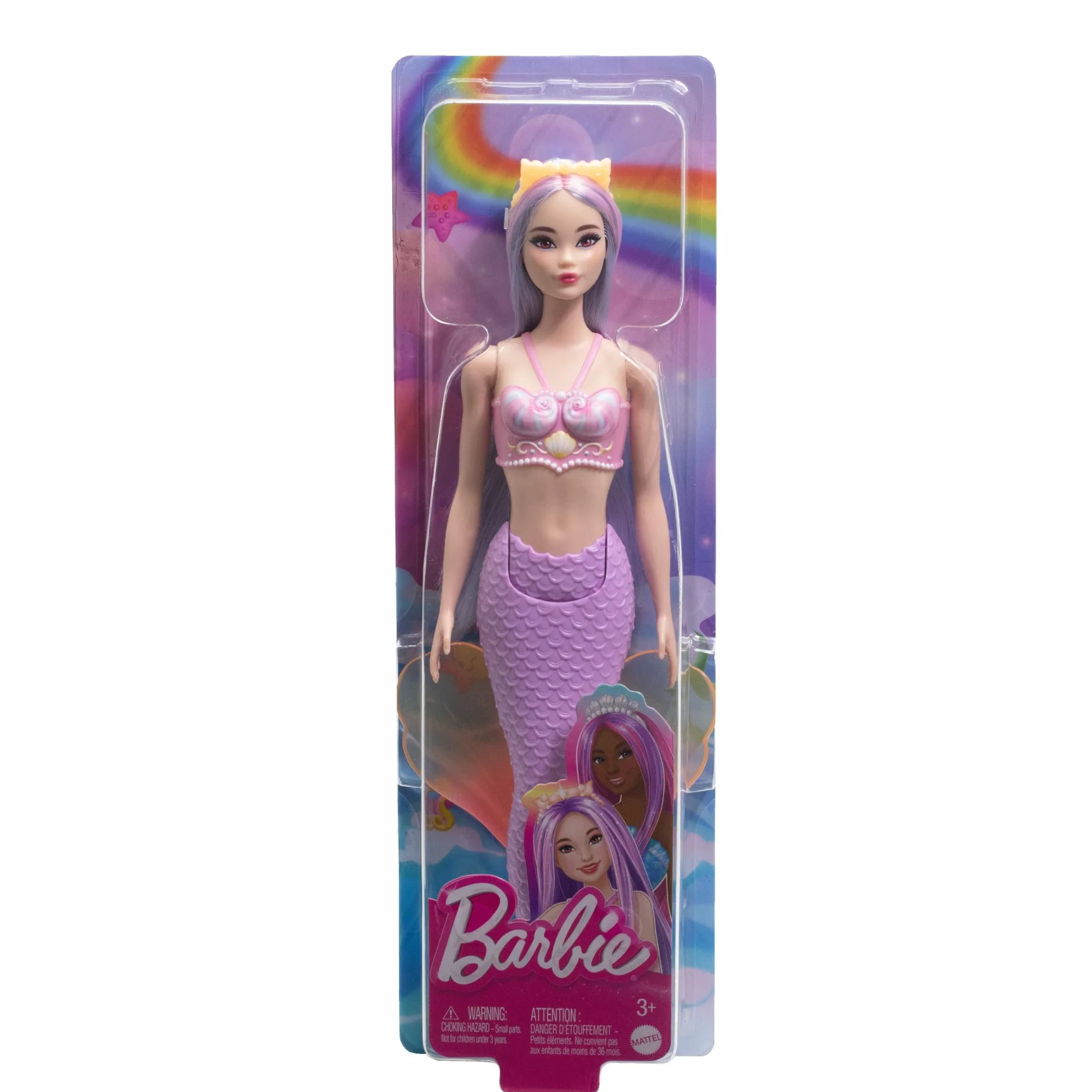 Barbie Syrenka podstawowa Lalka z długimi fioletowymi włosami, opaską do włosów, muszelkowym topem i lawendowym ogonem, HRR06