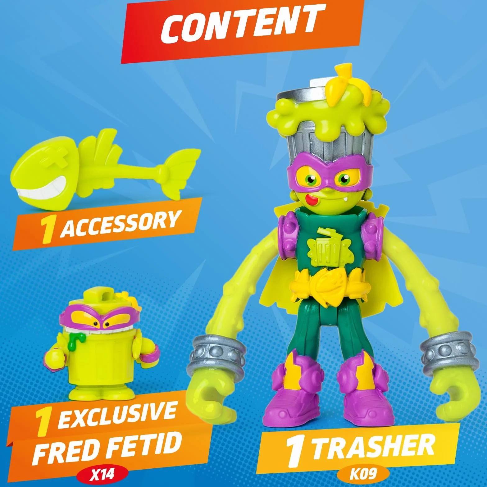 SUPERTHINGS KAZOOM Power Mission – Kazoom Kids. Figurka Trasher z serialu TV „SuperThings Kazoom Power”. Zawartość: 1 Kazoom Kid, 1 ekskluzywny SuperThing, 1 akcesorium