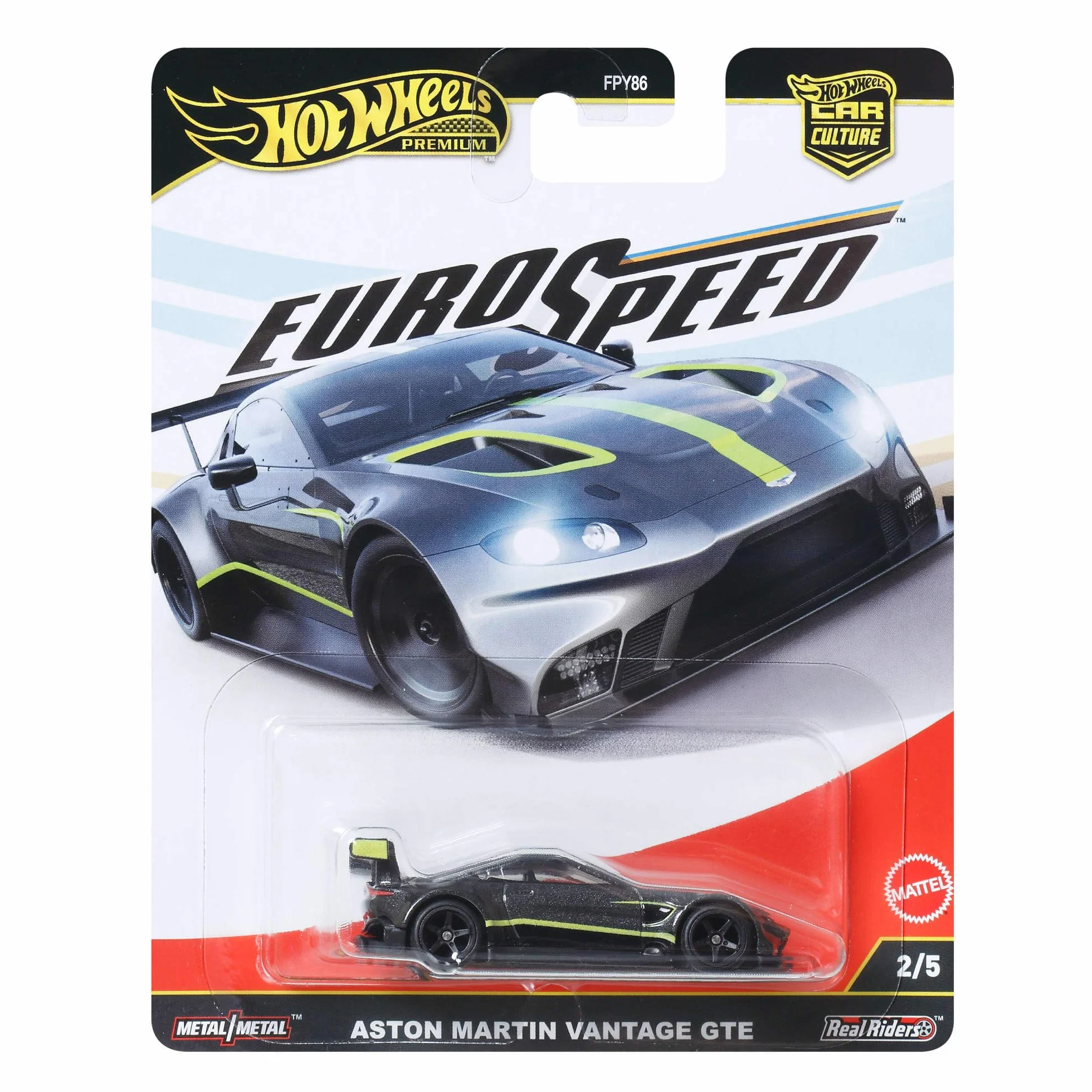 Hot Wheels Car Culture Premium 1:64 Skala Die-Cast Zabawka Aston Martin Vantage GTE z oponami Real Riders i metalowym nadwoziem i podwoziem, Eurospeed, JBK76