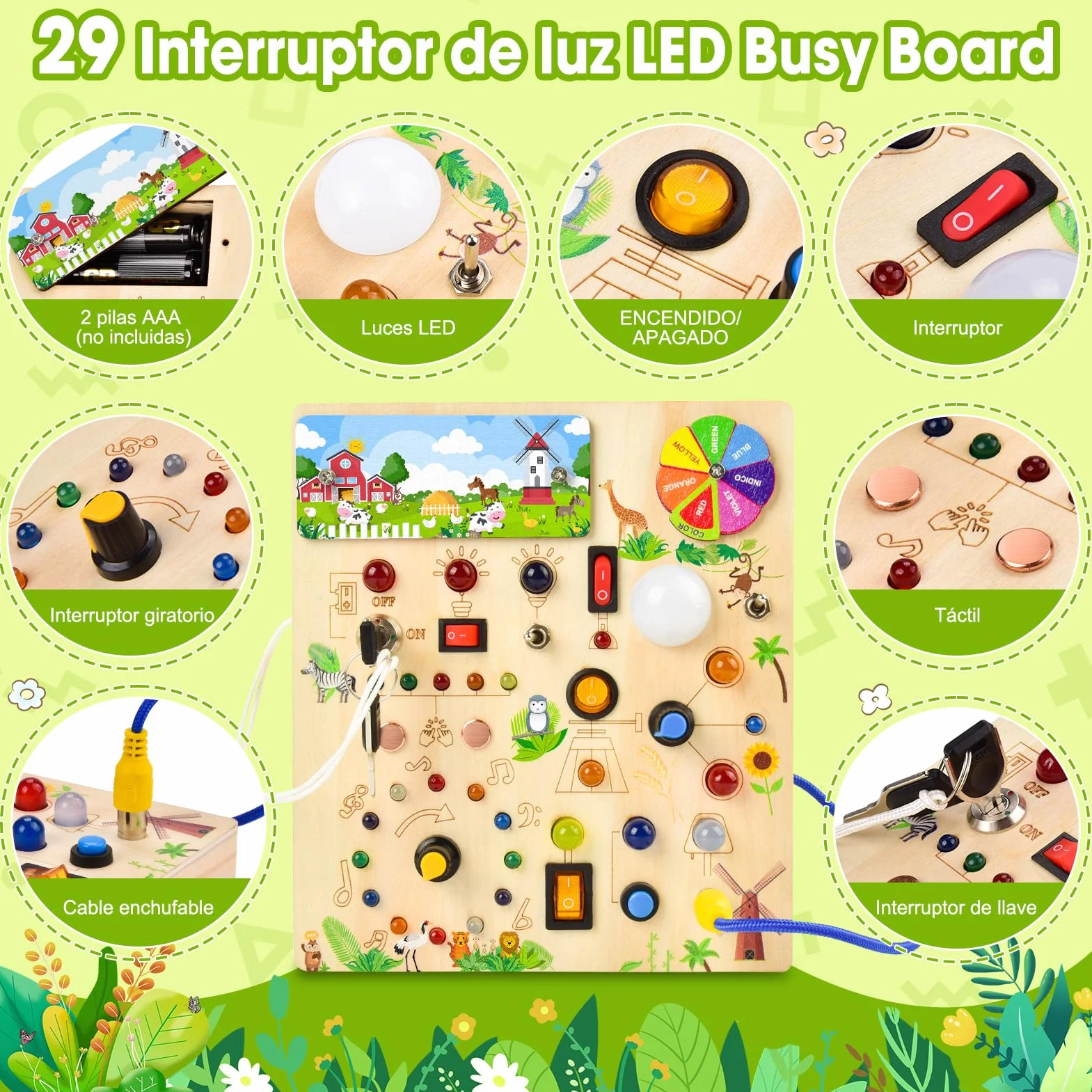 Fwiull Montessori zabawka od 1 roku, Baby Montessori Busy Board, deska do aktywności od 2 lat, zabawka motoryczna z 29 włącznikami światła LED, zabawka sensoryczna do nauki, odpowiednia dla 1, 2, 3, 4