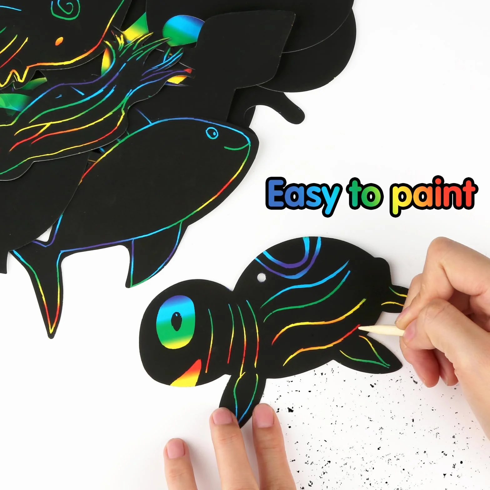 64 arkusze obrazków do zdrapywania ze zwierzętami morskimi dla dzieci, papier do zdrapywania tęczowy Scratch Art z drewnianymi patyczkami, sznurkami, DIY zwierzęta morskie, rysowanie, majsterkowanie