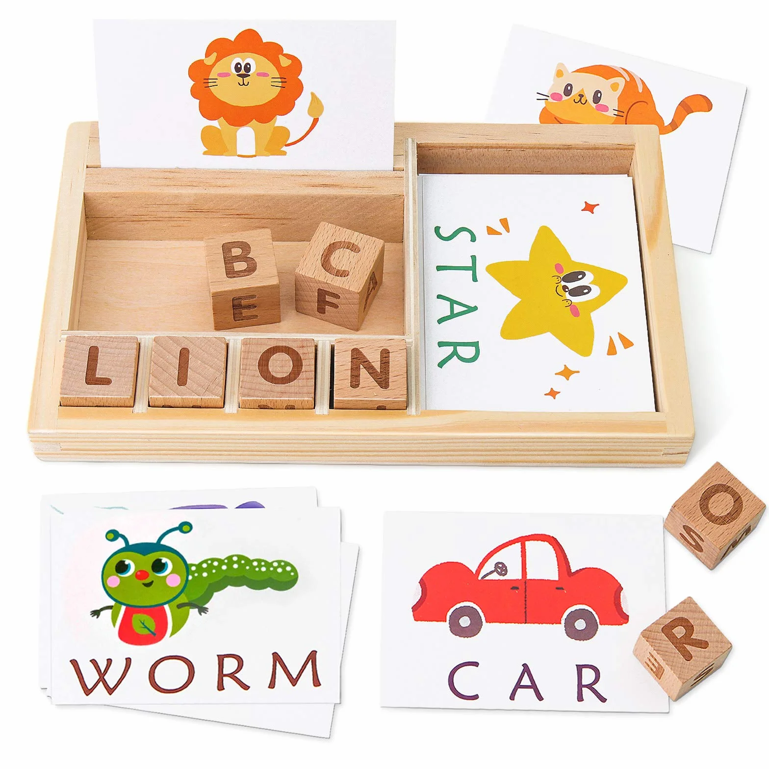 Coogam Gry pisownicze, drewniane pasujące litery zabawka ze słowami karty błyskowe, alfabety ABC nauka edukacyjne montessori puzzle prezent dla przedszkolaków dzieci chłopców dziewcząt wiek 3 4 5 lat