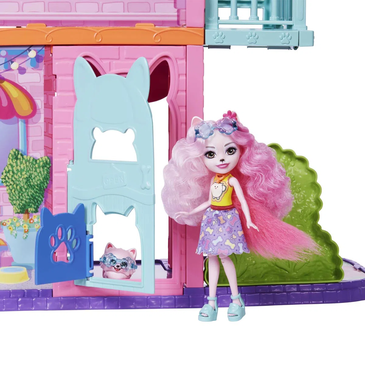 Enchantimals City Tails Apartament Palmer Pomeranian i Pommy Domek dla lalek 3 piętra z figurą, piesek, meble i akcesoria, zabawka na prezent +4 lata (Mattel HHC18)