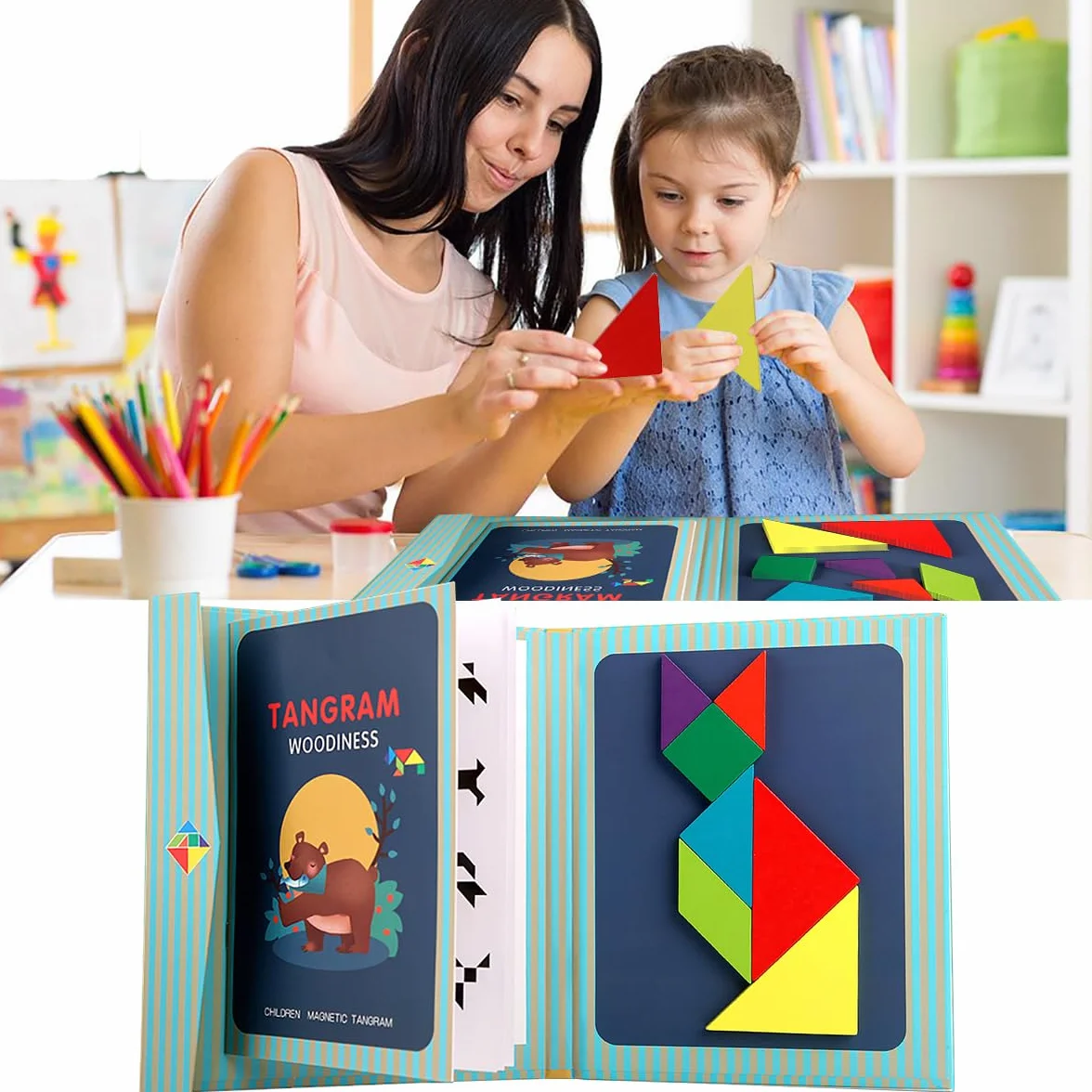 Magnetyczny Tangram, drewniane puzzle w kształcie tangrama, zabawka edukacyjna dla dzieci w wieku od 3 lat.