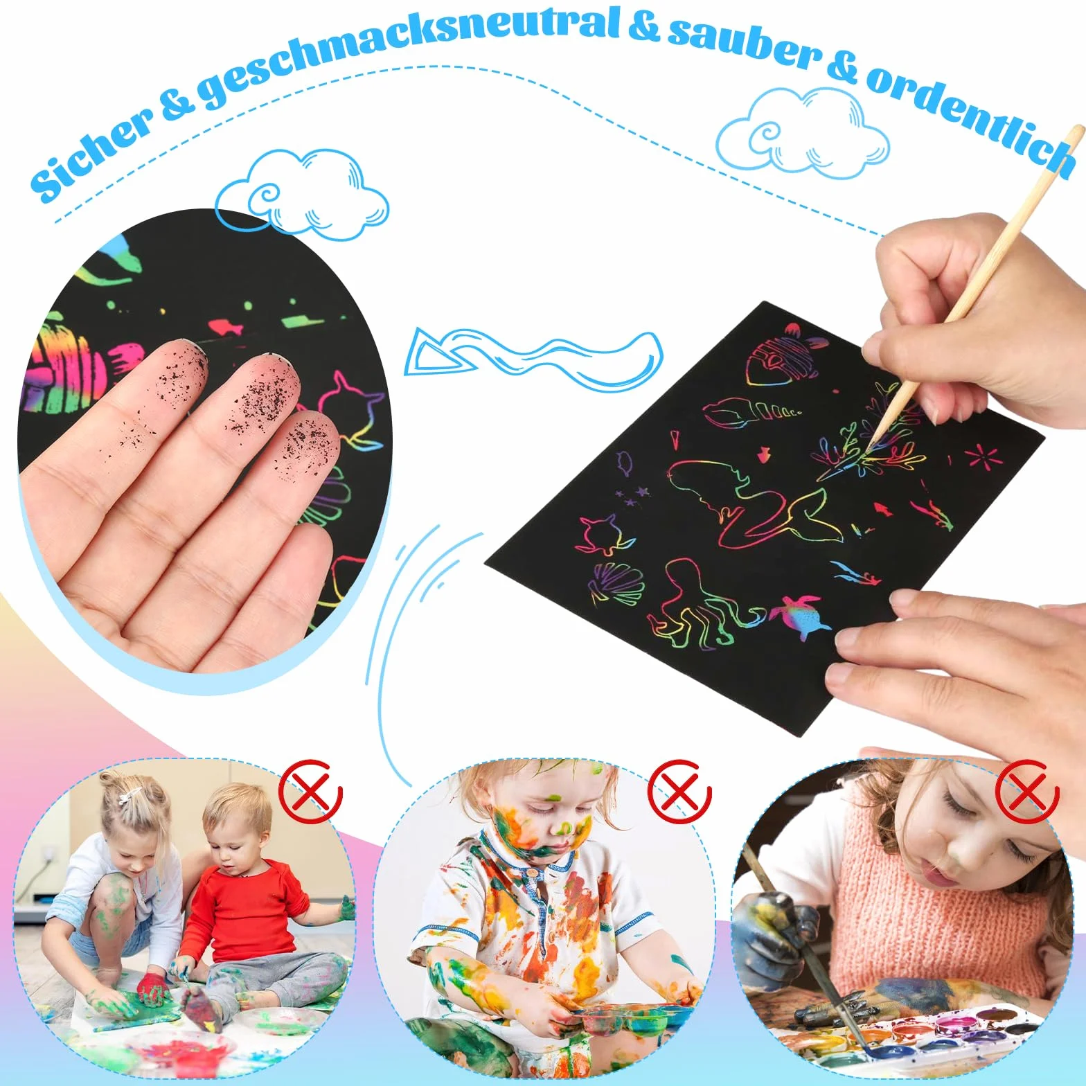 70 arkuszy obrazków do zdrapywania dla dzieci, tęczowy papier do zdrapywania z 7 drewnianymi pisakiem i 3 szablonami malarskimi, DIY Magic Scratch Book, zestaw papieru do zdrapywania dla dorosłych