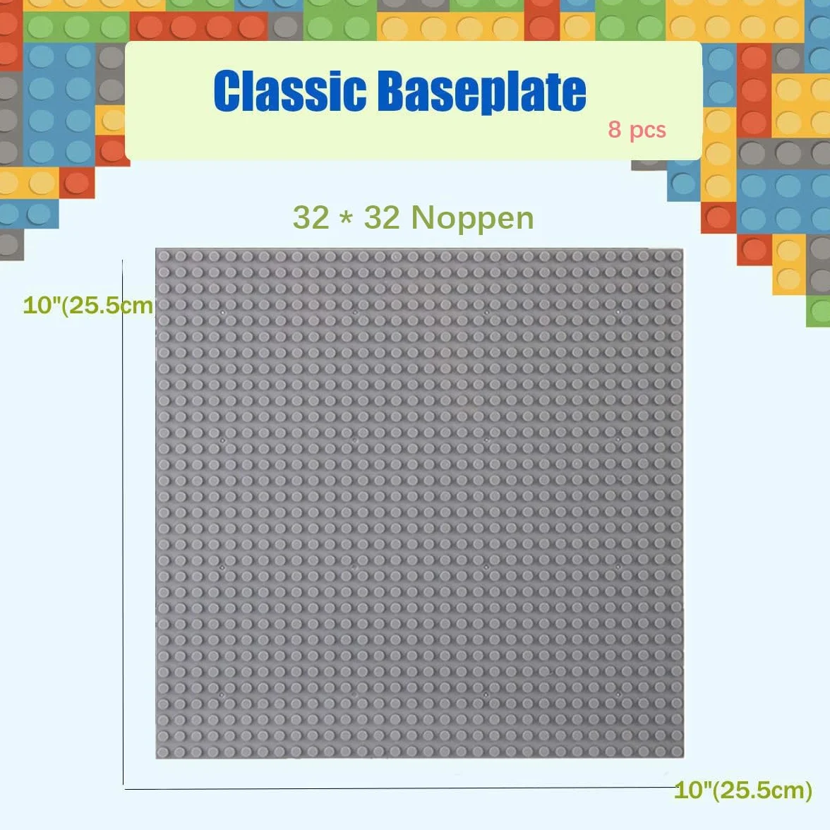 Zestaw 8 płyt budowlanych kompatybilnych z większością marek, Classic z klocków, płyta podstawowa, kompatybilna z płytą konstrukcyjną Lego Classic, 25,5 x 25,5 cm, szara płyta bazowa