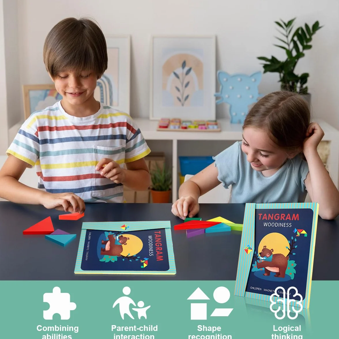 Magnetyczny Tangram, drewniane puzzle w kształcie tangrama, zabawka edukacyjna dla dzieci w wieku od 3 lat.
