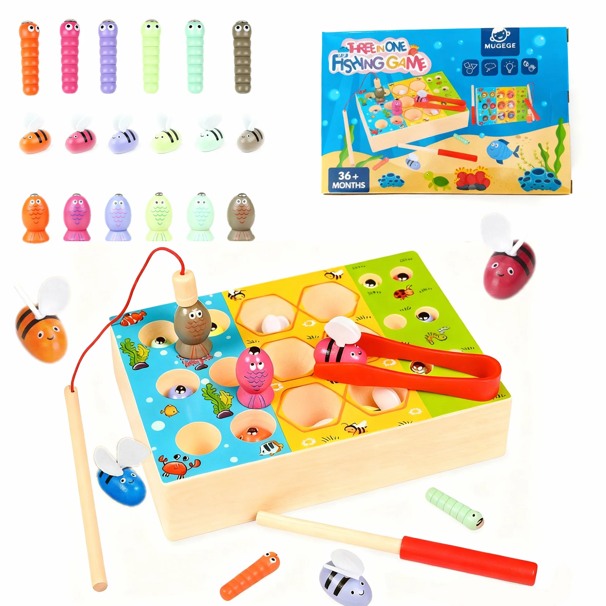 3-w-1 Magnetyczna ryba drewniana gra rybna: Montessori Edukacyjna zabawka dla dzieci w wieku 2-5 lat, gry edukacyjne