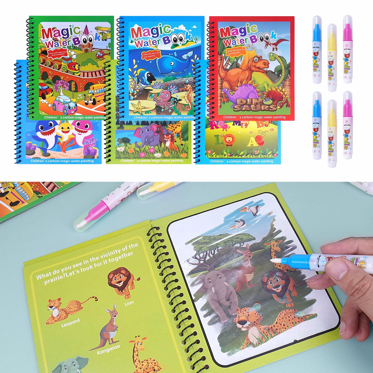 Realjoy 6 sztuk magicznych kolorowanek wodnych wielokrotnego użytku książki do malowania wodą dla dzieci z 6 pisakami wodnymi zwierzę magiczne malarstwo książka dla dzieci malucha zabawka edukacyjna