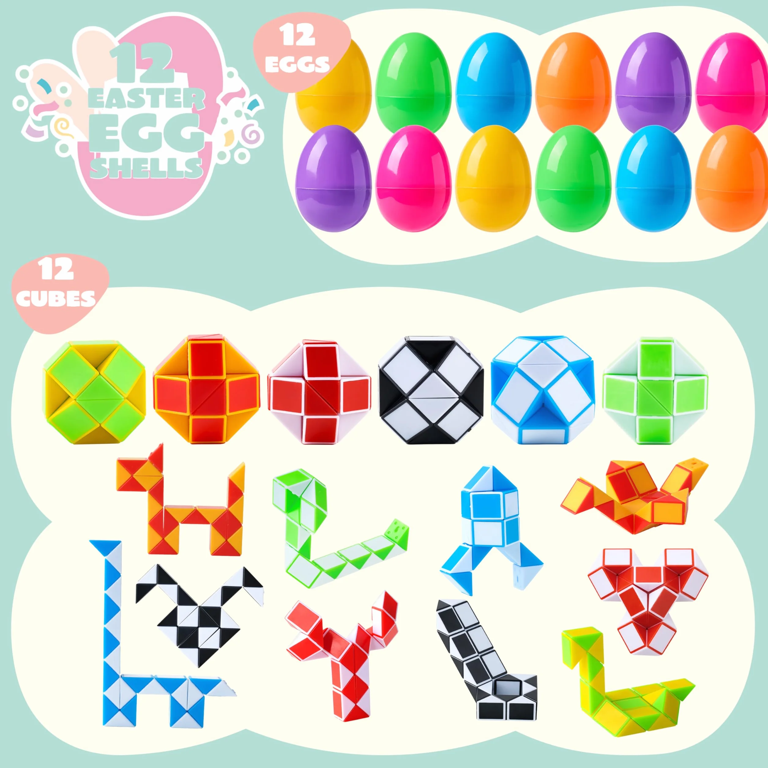 JOYIN 12 sztuk jajek wielkanocnych wstępnie wypełnionych mini wężem kostka skręt puzzle zabawki wąż prędkość kostka fidget dla dzieci