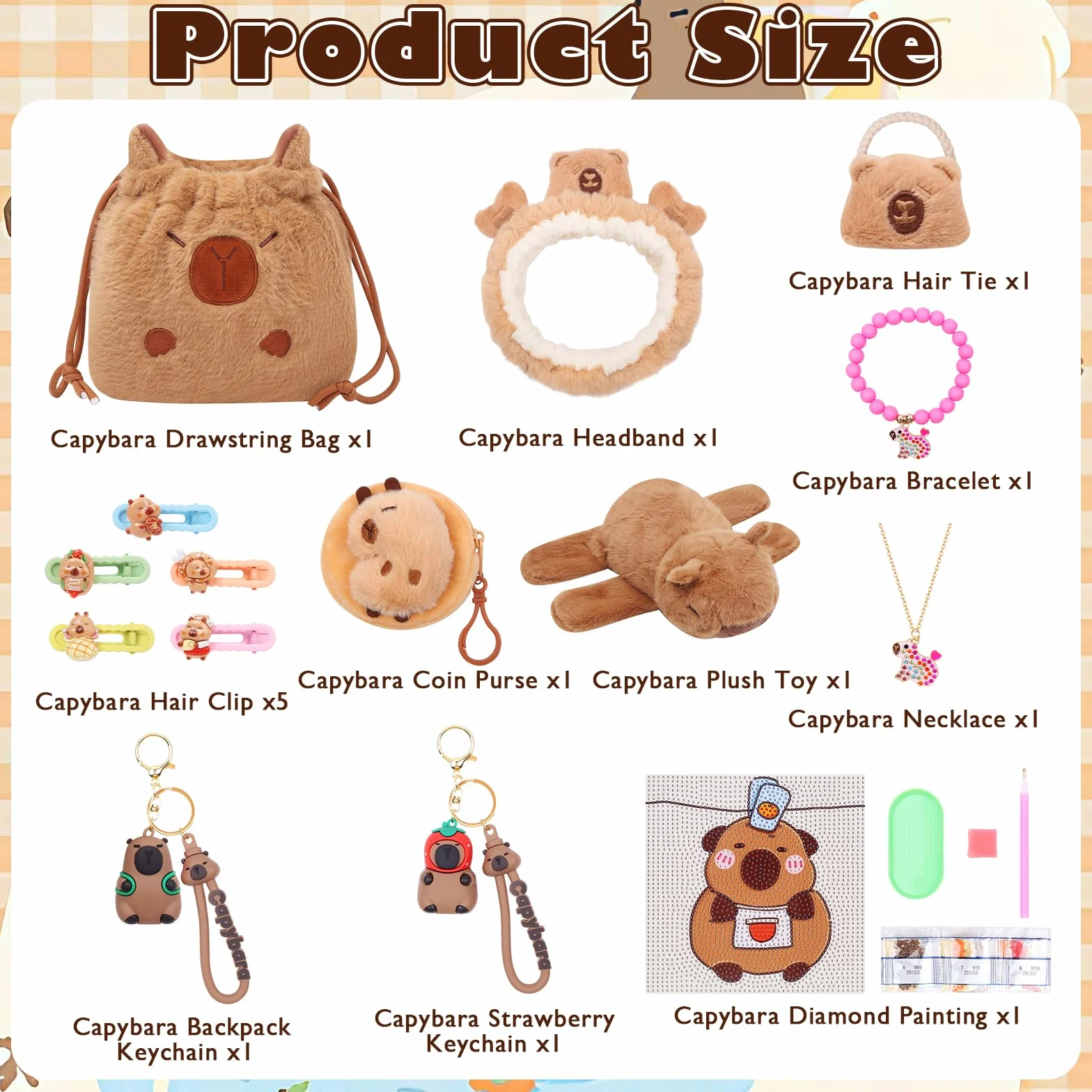 Capybara Cabibara zestaw 15 sztuk przytulanek, bransoletka zatrzaskowa, Cabibara, breloczek do kluczy, do samodzielnego wykonania, do malowania diamentami, prezent urodzinowy, prezent na Boże
