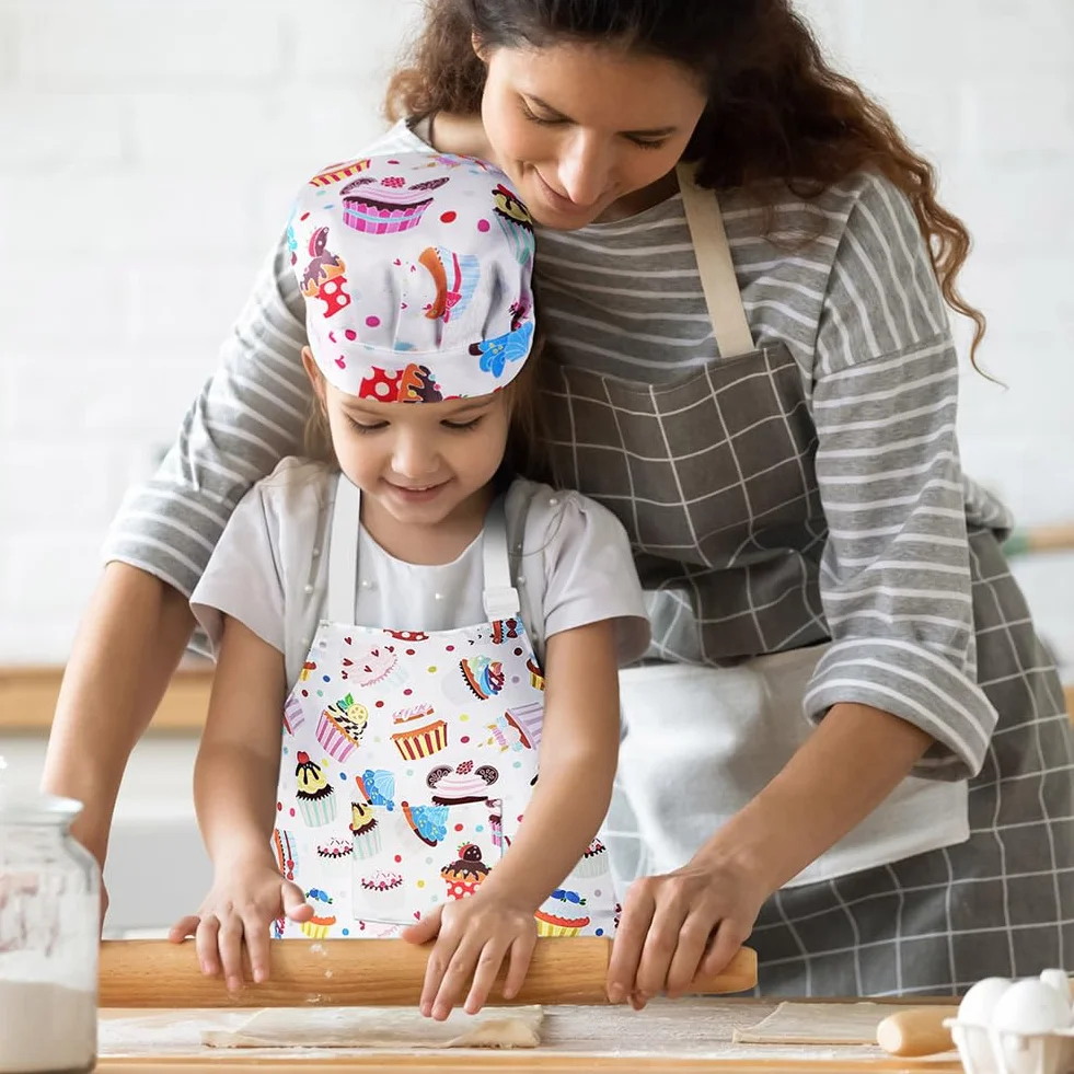Fartuch dziecięcy i zestaw czapek kucharskich, regulowany fartuch kuchenny dla dzieci z kieszeniami, fartuch dziecięcy do malowania, fartuch kuchenny, fartuch do majsterkowania, dla chłopców i