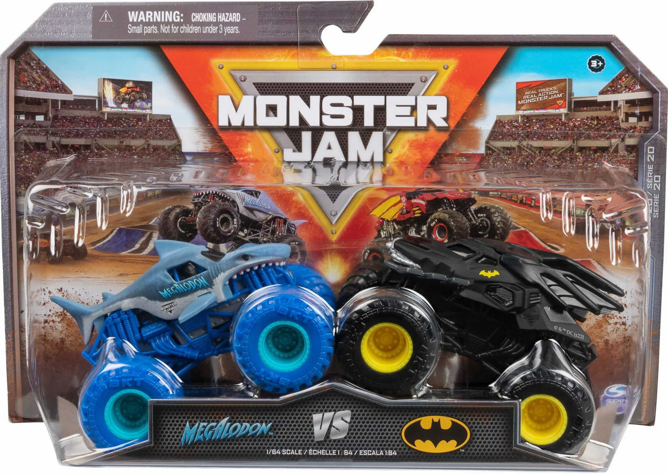 Monster Jam - Oryginalny dwupak z Batmobil vs. Megalodon - autentyczne Monster Trucks w skali 1:64