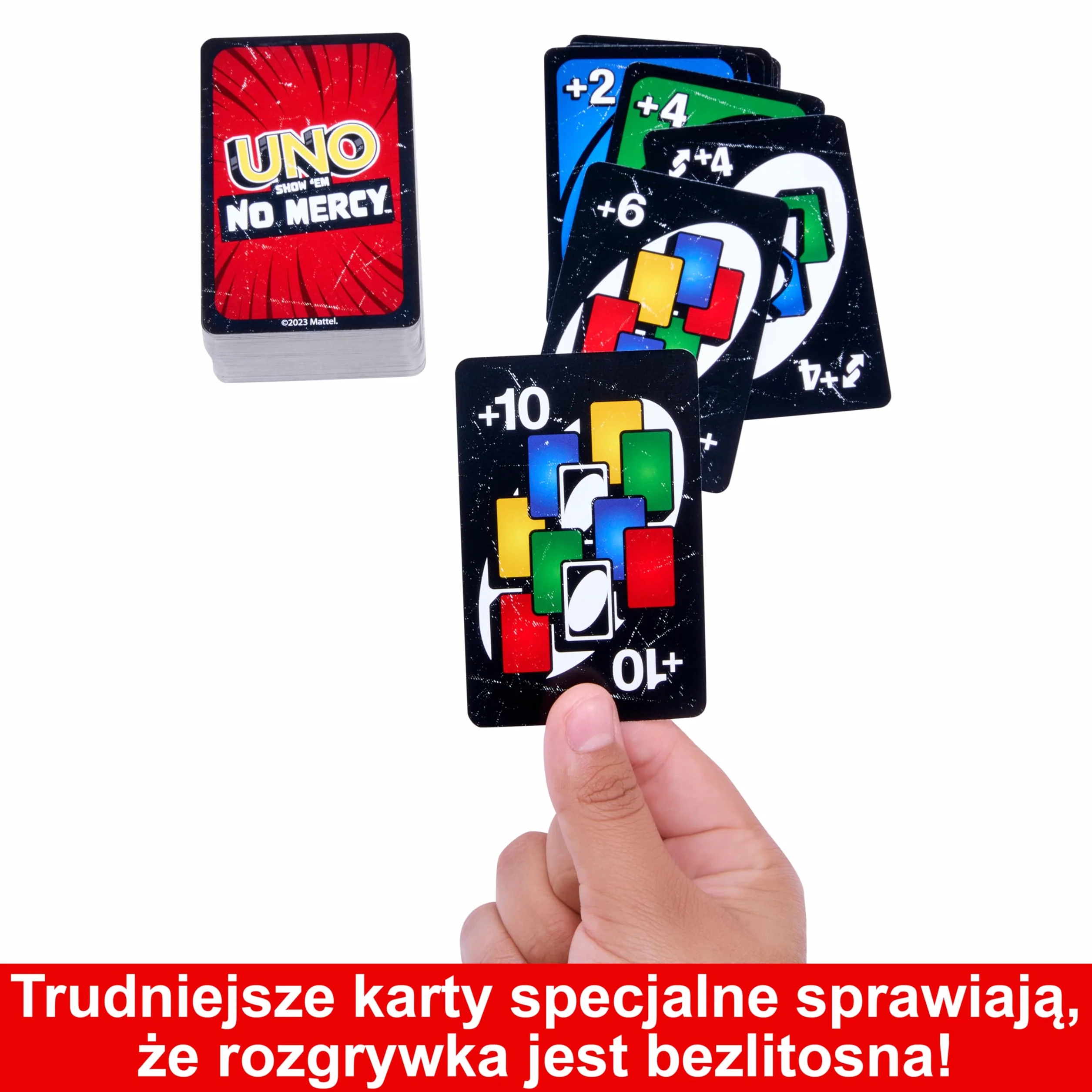 UNO No Mercy Bez litości Gra dla dzieci, dorosłych, przyjaciół i rodzin, na imprezy i podróże, zawiera dodatkowe karty, reguły specjalne i surowsze kary., HWV18