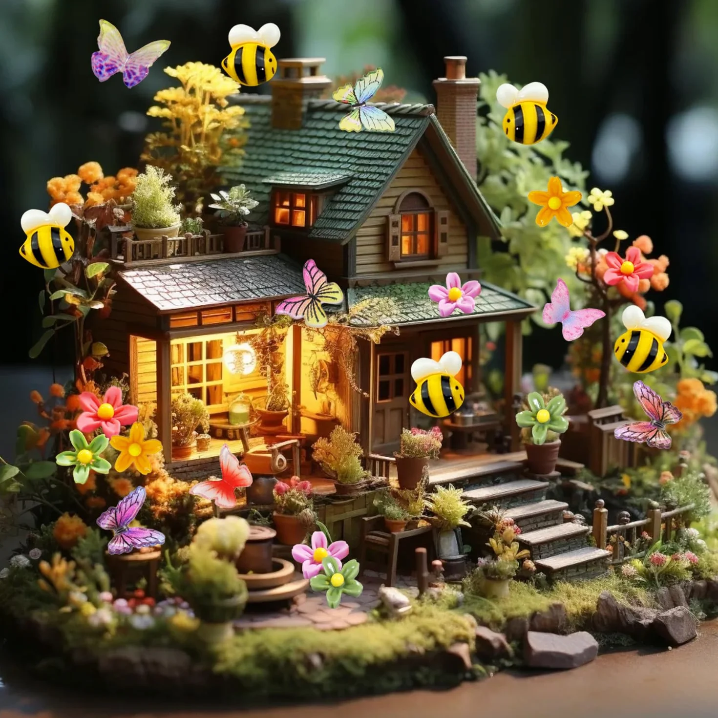 160 sztuk z miniaturowymi kwiatami, motylami i pszczołami, kolorowe motyle, dekoracja i kolorowe kwiaty – idealne do miniaturowych akcesoriów ogrodowych, miniaturowych akcesoriów i kreatywnych