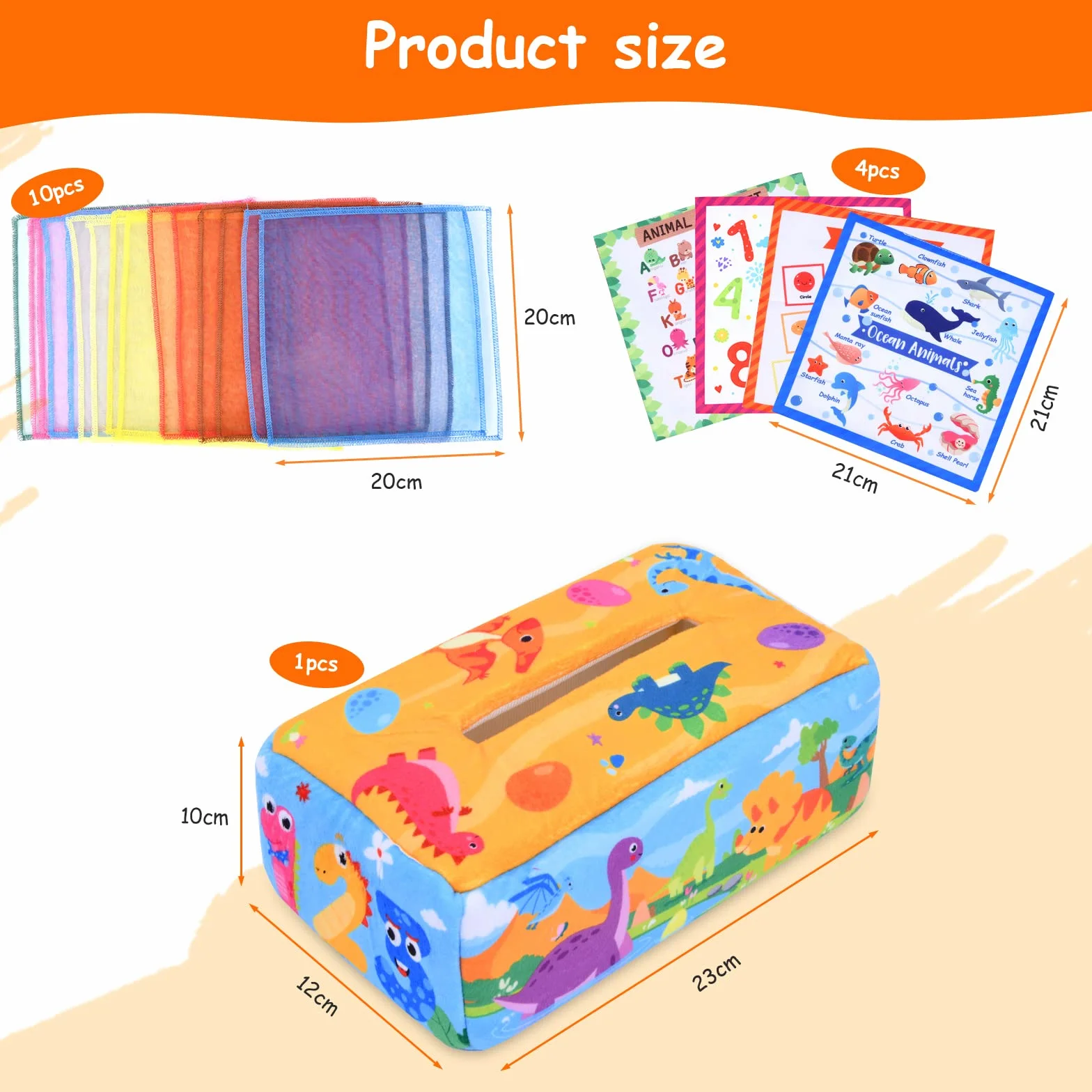 Vicloon Baby Tissue Box zabawka, pudełko na chusteczki sensoryczne zabawki, Montessori zabawki z 4 marszczonym papierem i 15 kolorowymi jedwabnymi szalikami, 6 miesięcy-Styl Dinozaurów