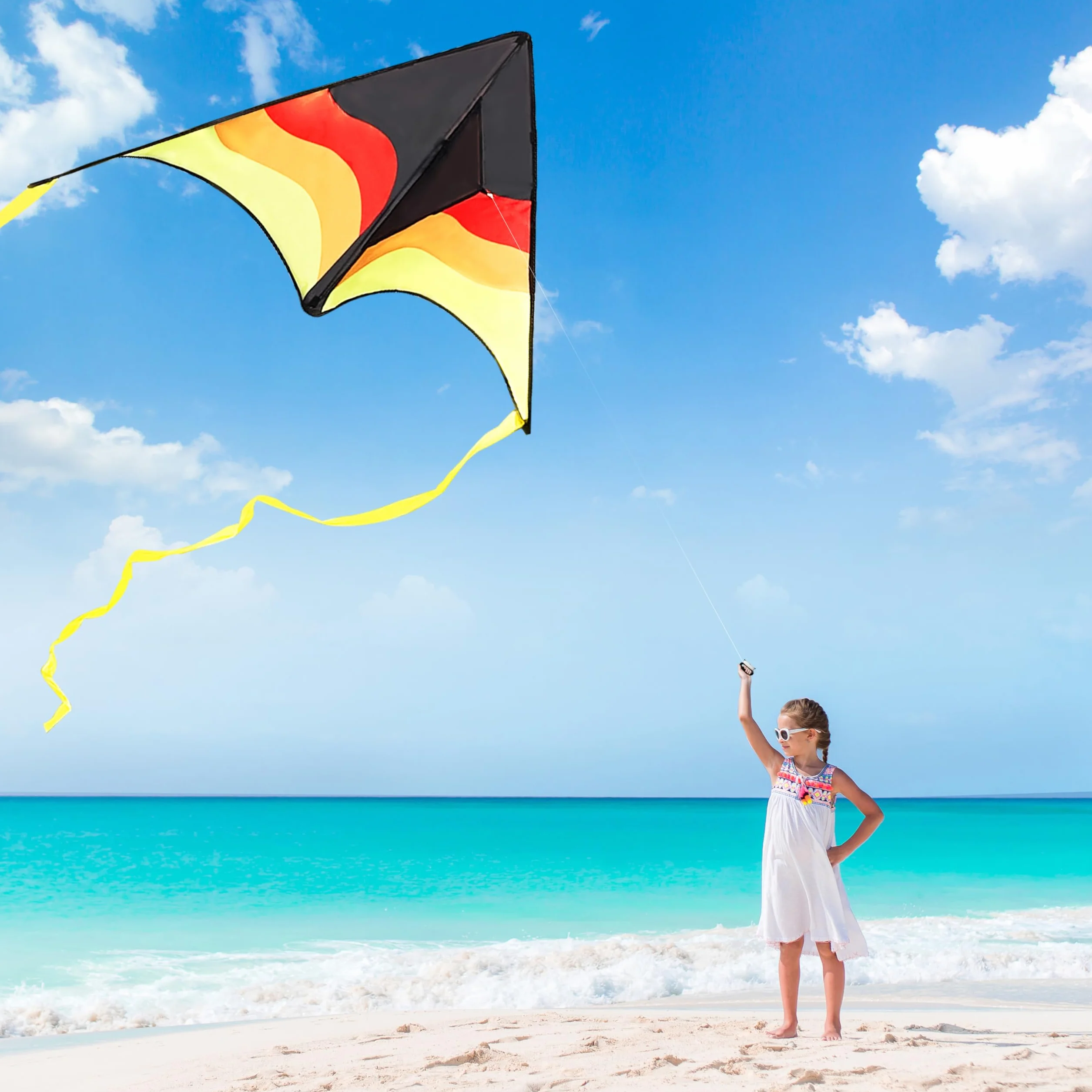 SYNCFUN Duży latawiec Delta Gradient Yellow – łatwy do latania dla dzieci i dorosłych, latawiec plażowy ze sznurkiem o długości 100 m do gier i aktywności na świeżym powietrzu