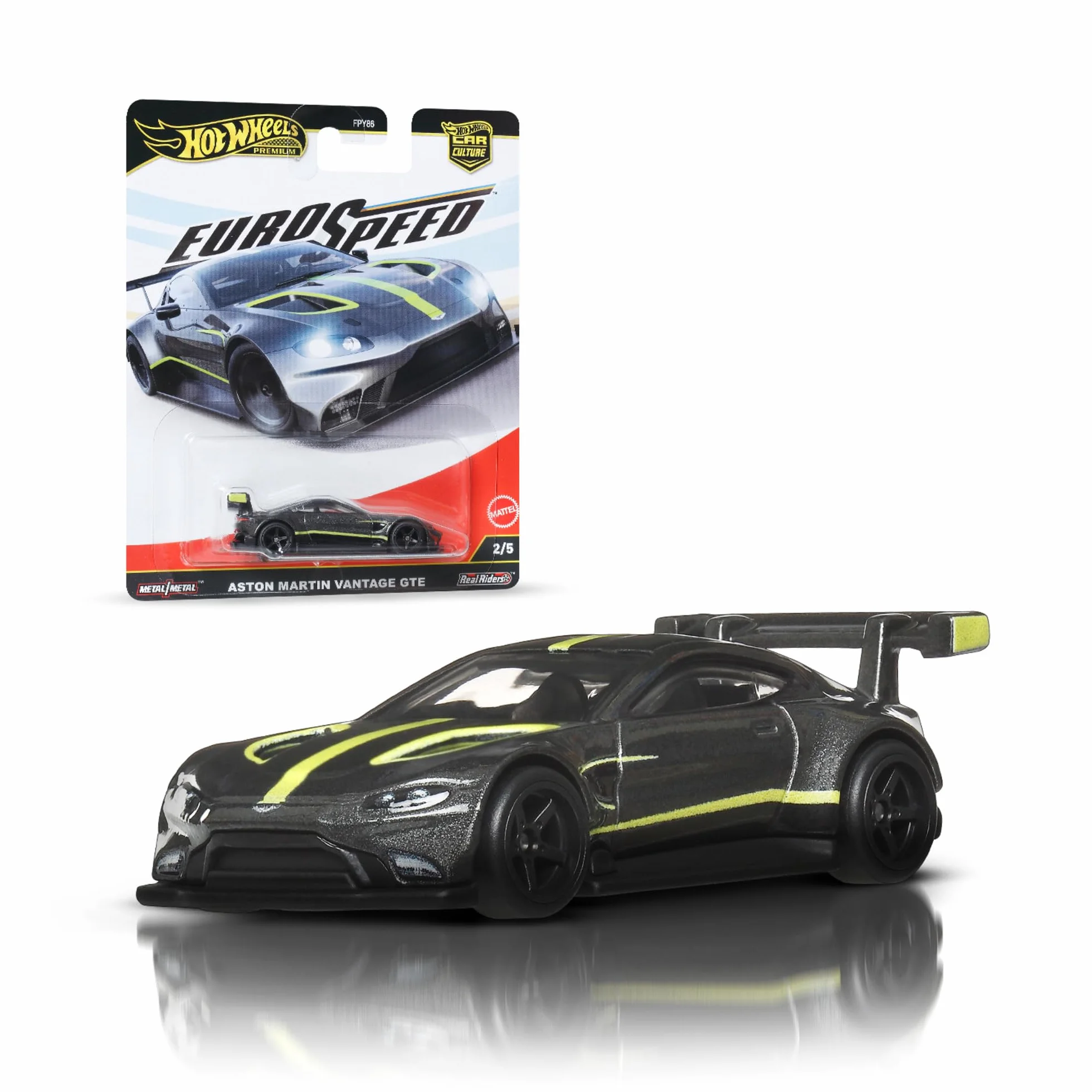 Hot Wheels Car Culture Premium 1:64 Skala Die-Cast Zabawka Aston Martin Vantage GTE z oponami Real Riders i metalowym nadwoziem i podwoziem, Eurospeed, JBK76