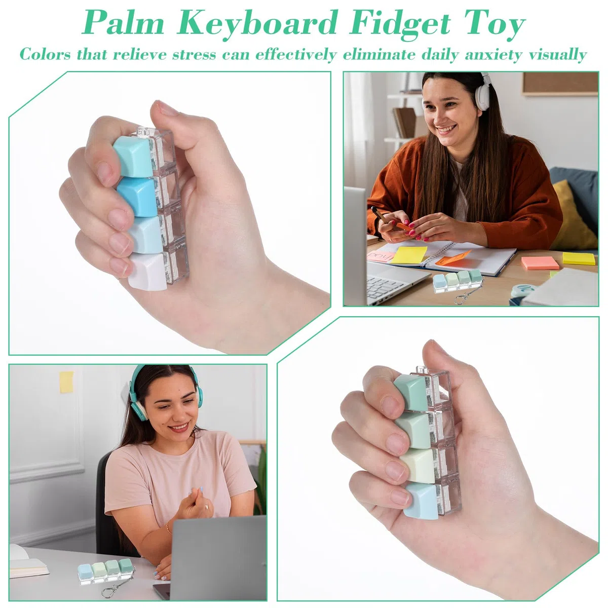 Klawiatura fidget, zabawka, fidget, klawiatura, przenośny przycisk, fidget, prezenty, 4 w 1, fidgets, brelok dla dorosłych, mężczyzn, kobiet, zielony, żółty, biały, niebieski, 4 szt