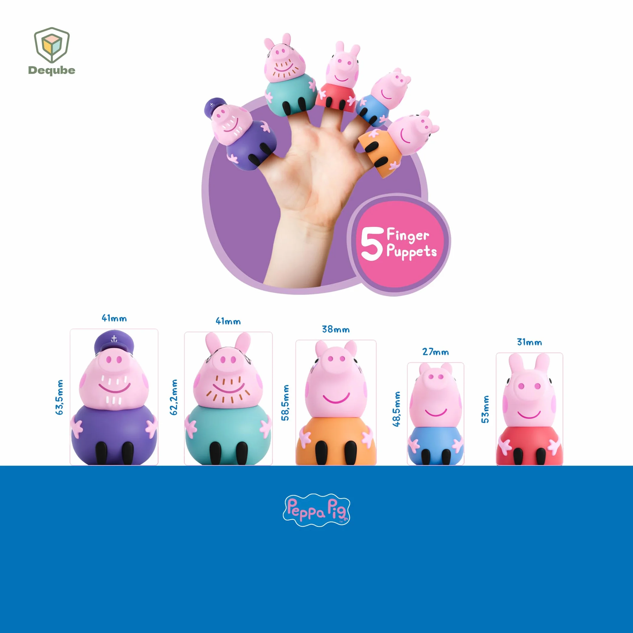 Peppa Pig - Zestaw 5 lalek z palcem Rodzina Świnka Peppa - Zabawki do wody i kąpieli - Od 3 lat (DeQube 919D00049)