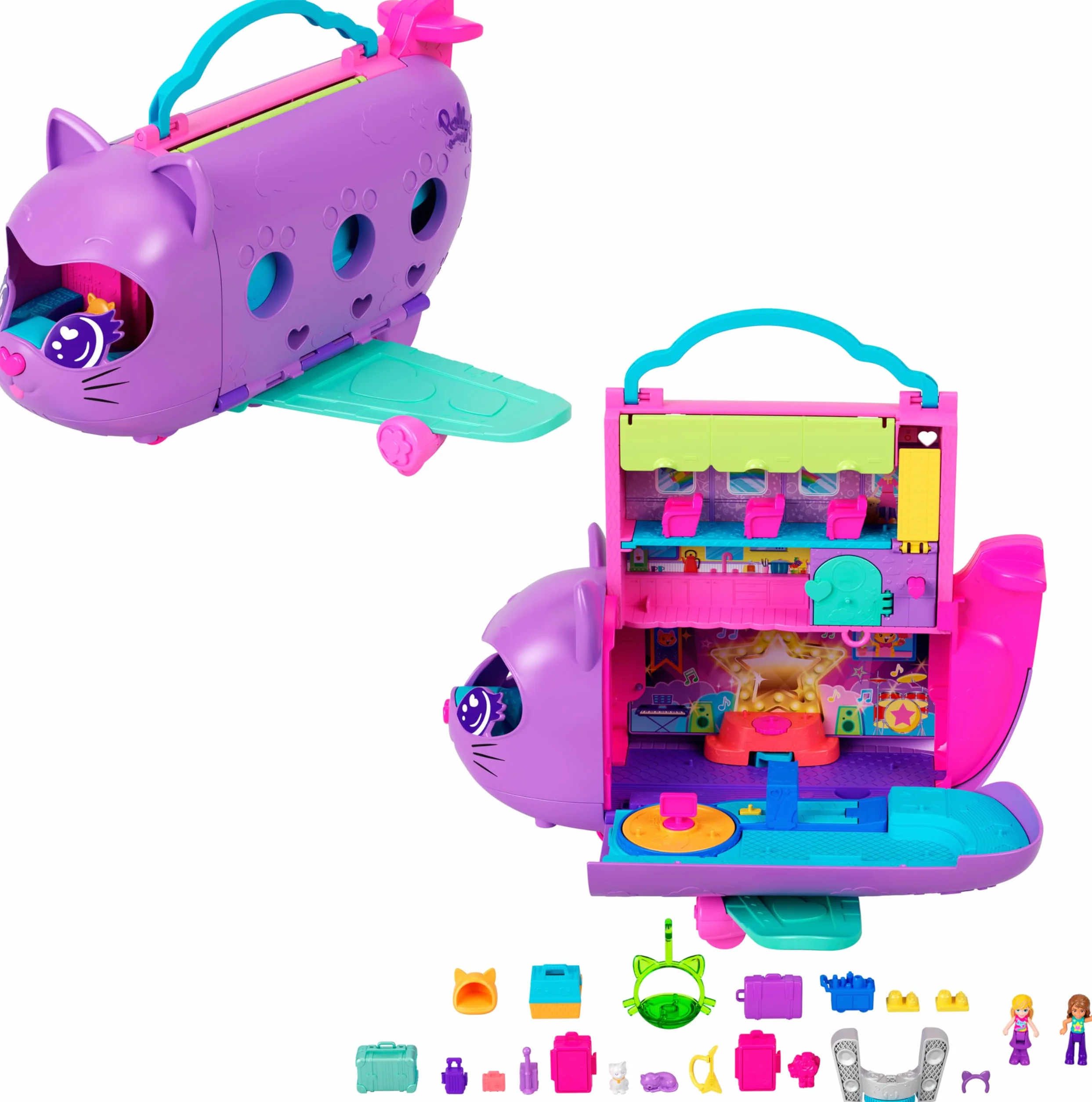 Polly Pocket Kotolot Zestaw samolot z 2 mikrolalkami, figurką zwierzątka, miejscem do przechowywania i akcesoriami, przenośna zabawka dla dzieci, HWP19