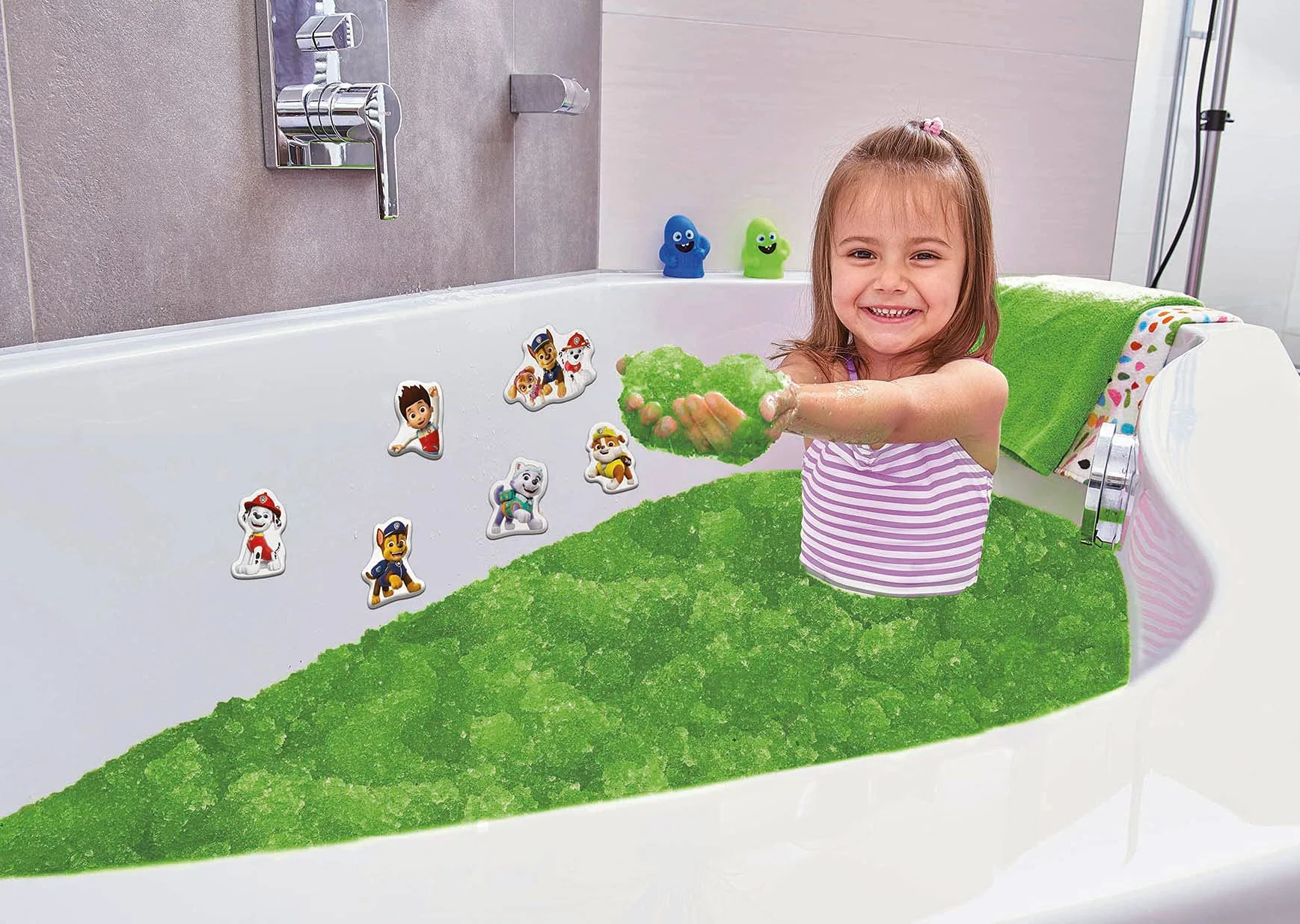 Simba 105953531 – Glibbi Psi Patrol, zabawka do wanny, zabawka wodna, proszek zamienia wodę w zieloną, żelową masę i z powrotem, łącznie z naklejką do kąpieli, 300 g, od 3 lat