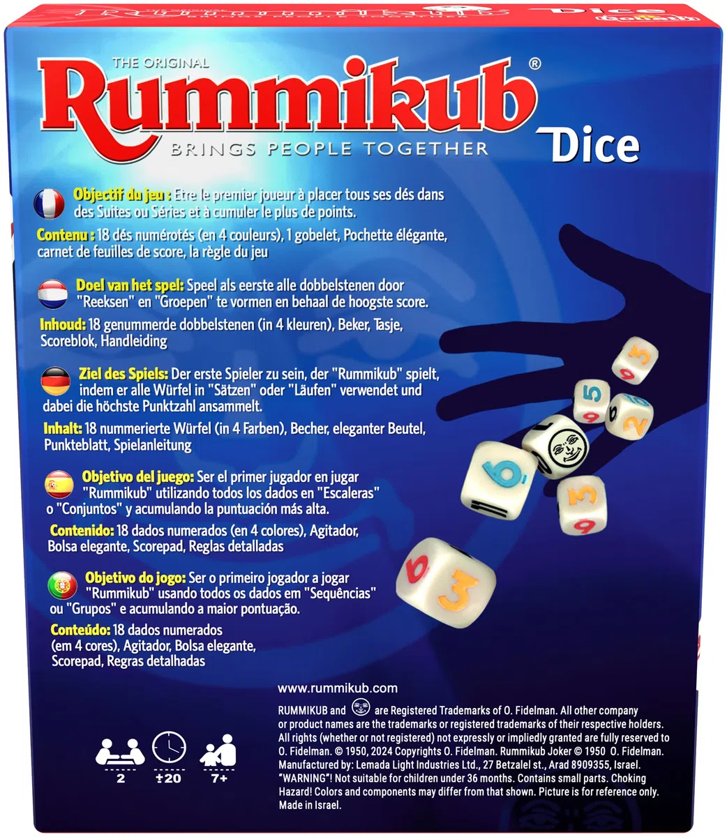 Rummikub Dice, gra towarzyska dla dzieci od 7 lat, gra w kości dla 2 graczy, gra rodzinna na wieczory gier