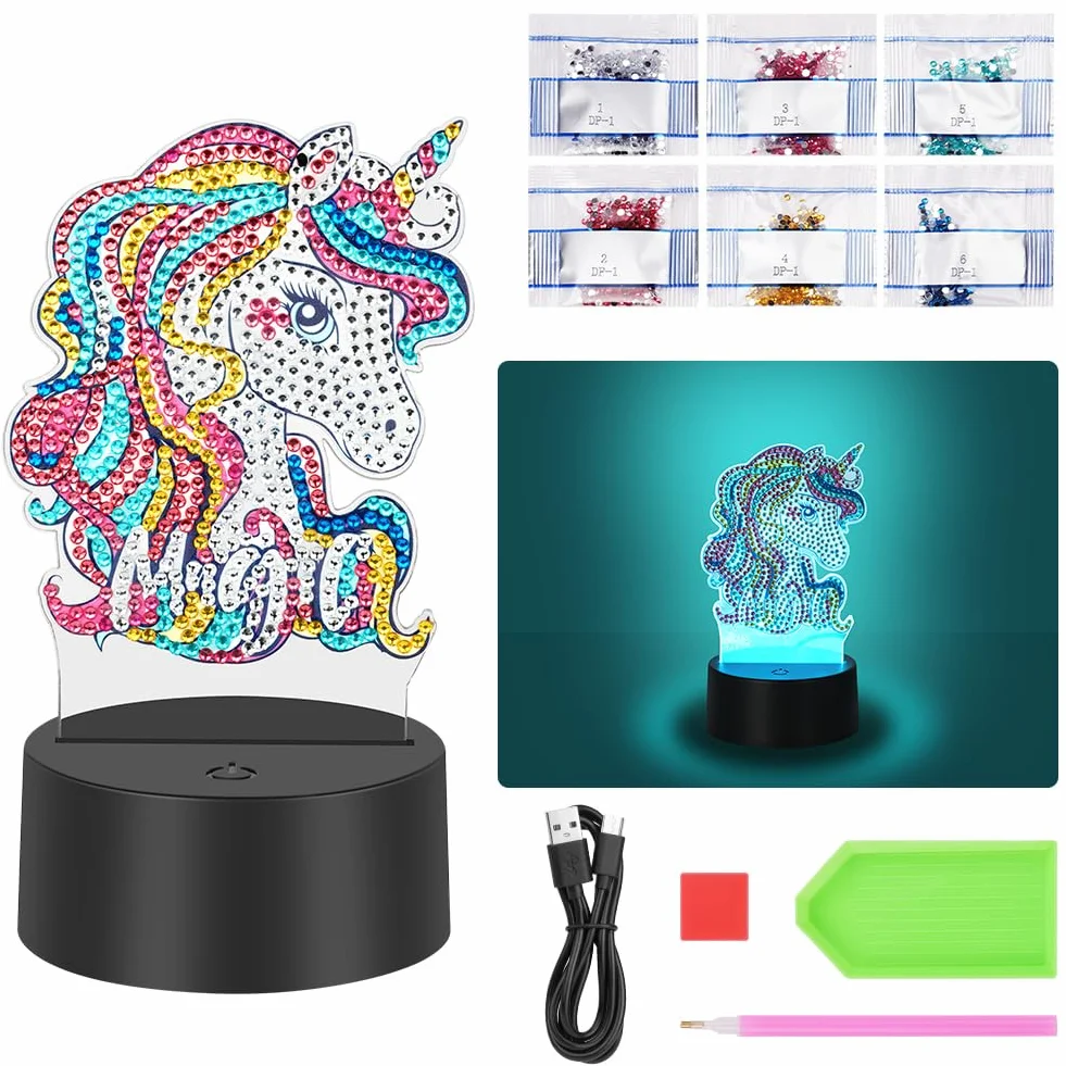 AUAUY 5D Diamentowa Lampa Malarska, Zestaw Nocnych Lampek DIY, 7 Kolorów Nocnej Lampki dla Dzieci, Jednorożec LED Kreatywne Diamentowe Malowanie dla Dziewczynek i Chłopców Dekoracja Sypialni