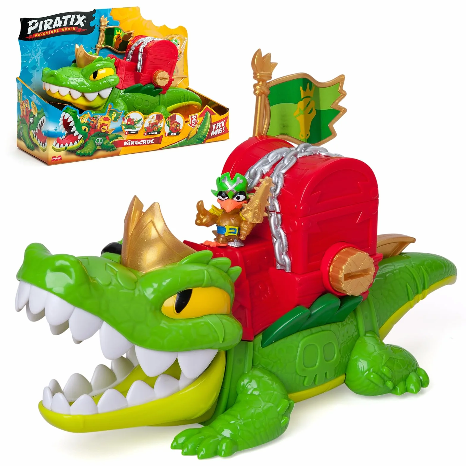PIRATIX King Croc – krokodyl z ruchomą paszczą do chwytania Piratixów ze skrzynią na skarby. Zawartość:1 krokodyl, 1 extra moneta, 2 dodatkowe złote monety,1 ekskluzywny Piratixa i 1 akcesorium.