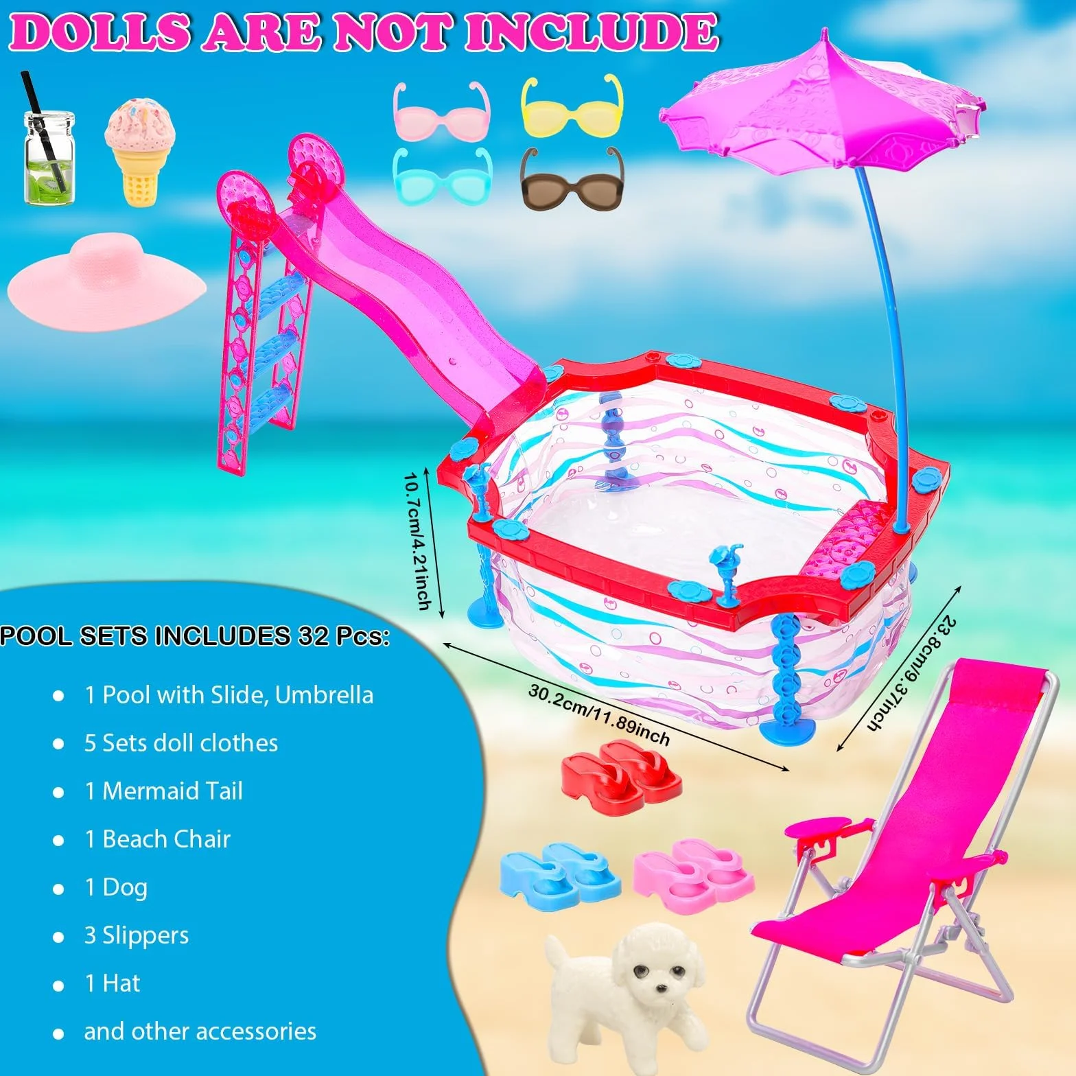 Glam zestaw do zabawy 30 cm, dla dziewczynek, zestaw do zabawy, zawiera basen ze zjeżdżalnią, kostium kąpielowy, strój kąpielowy, bikini, krzesło plażowe, okulary, ręcznik, koło do pływania i inne