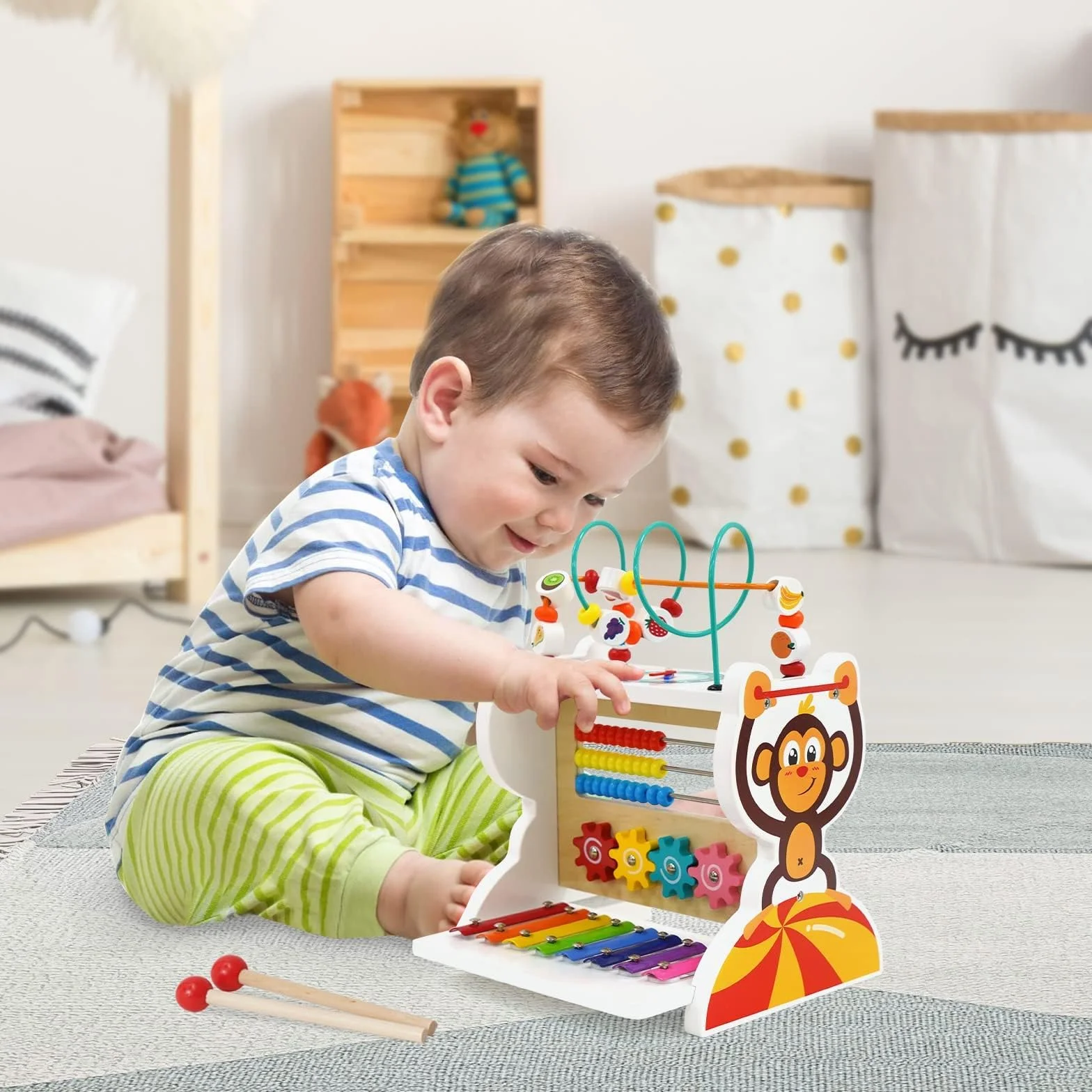 Drewniana kostka motoryczna 5 w 1, centrum aktywności, drewniany labirynt z perłami, liczydło i ksylofon Montessori, zabawka drewniana dla małych dzieci od 1, 2, 3 lat +