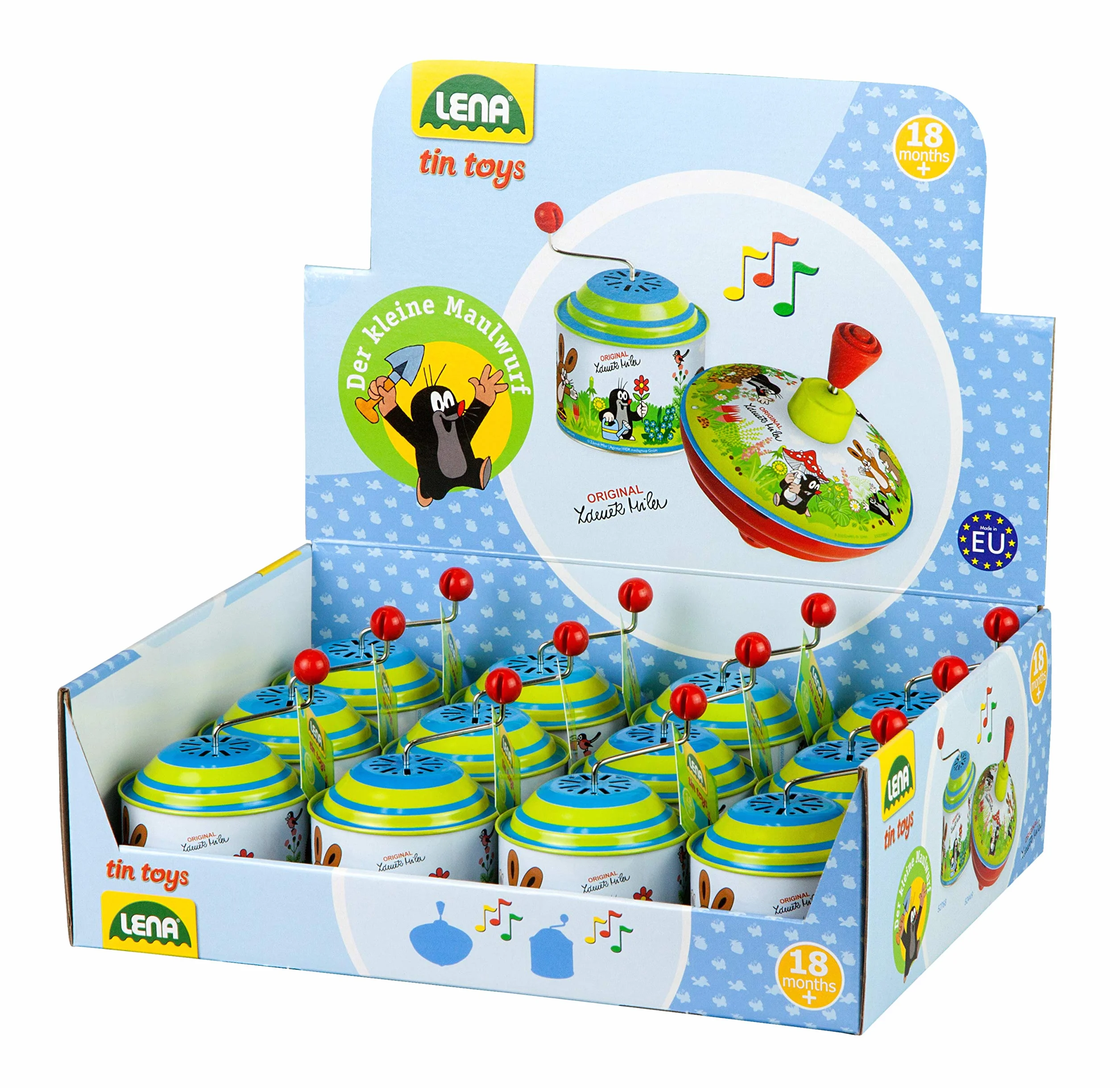 Lena tin Toys 52768 - muzyczna obrotowa puszka z małym kretem, puszka muzyczna ok. 10,5 x 7,5 cm, blaszana tokarka z melodią wiosny, metalowa puszka obrotowa dla dzieci od 18 miesięcy, organy z