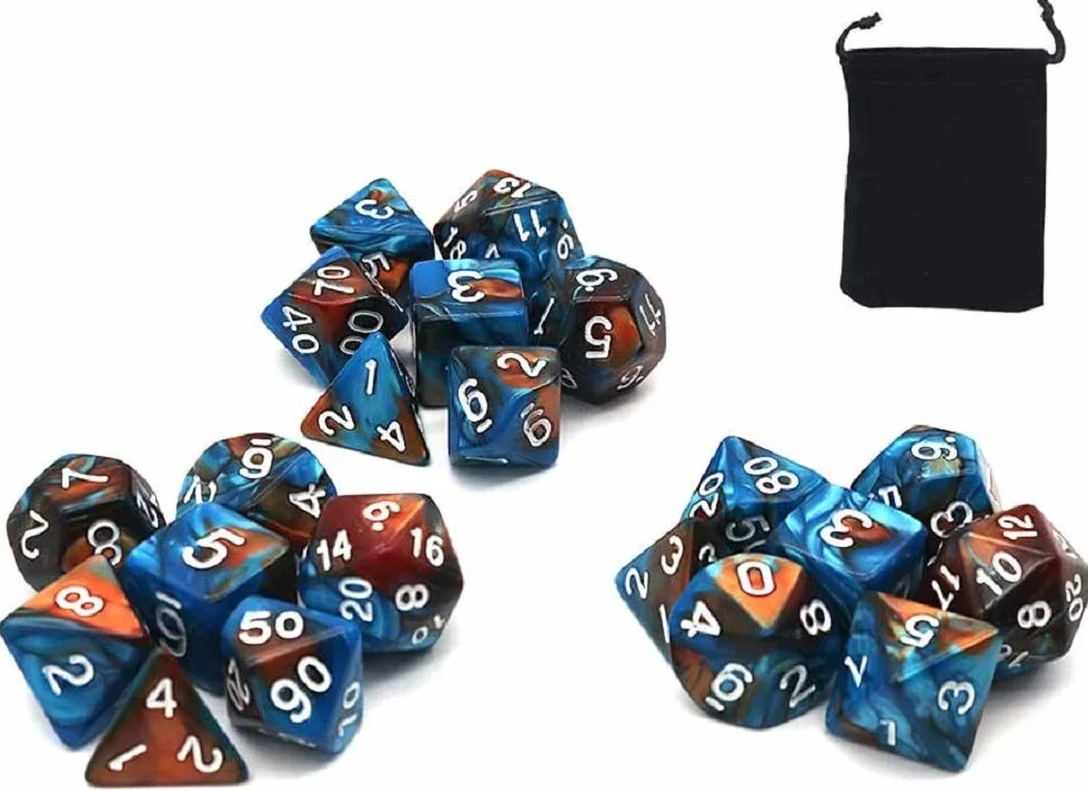 DollaTek Polyhedral Dice zestaw do gry sto?owej, kostka, 3 zestawy kostek 3 x 7 (21 sztuk), seria D20, D12, D10, D8, D6, D4, DND, kostka, DND, RPG, MTG, dwucz??ciowa (zielona i z?ota)