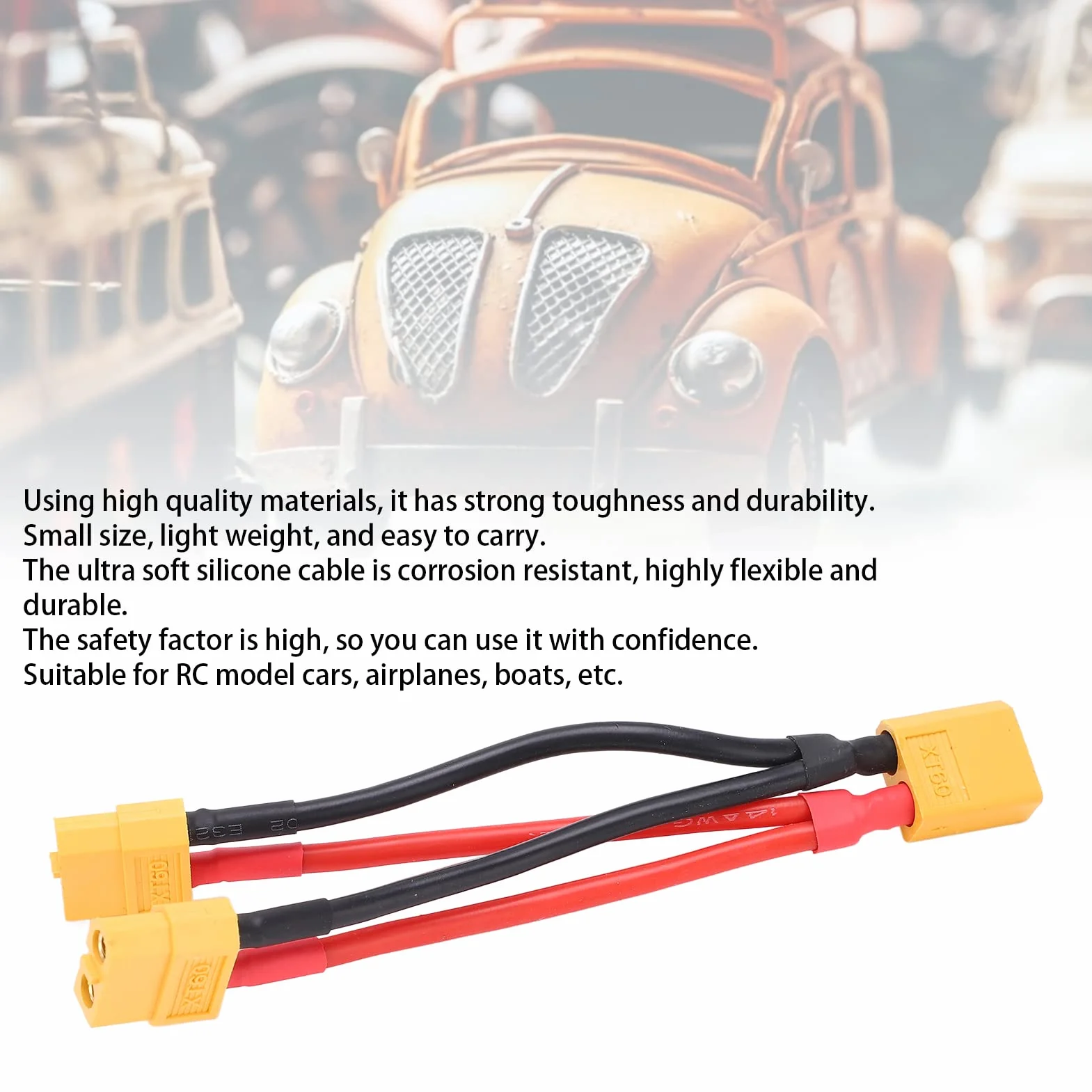 Adapter Kabla Równoległego do Akumulatora RC, 9cm, Wtyk XT60, Podwójny Przedłużacz Y-splitter, 1 Wtyk na 2 Gniazda, Przewód Silikonowy do RC Lipo