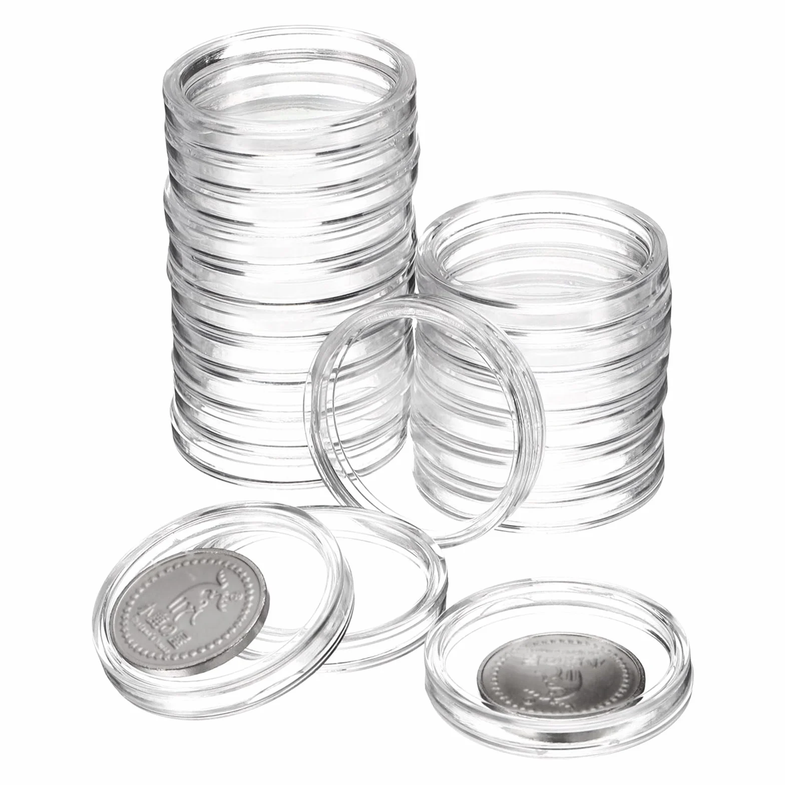 QUARKZMAN 20 sztuk srebrnych uchwytów na monety 32 mm, z tworzywa sztucznego, akrylowe, przezroczyste, okrągłe, do ochraniaczy monet srebrnych lub NFC