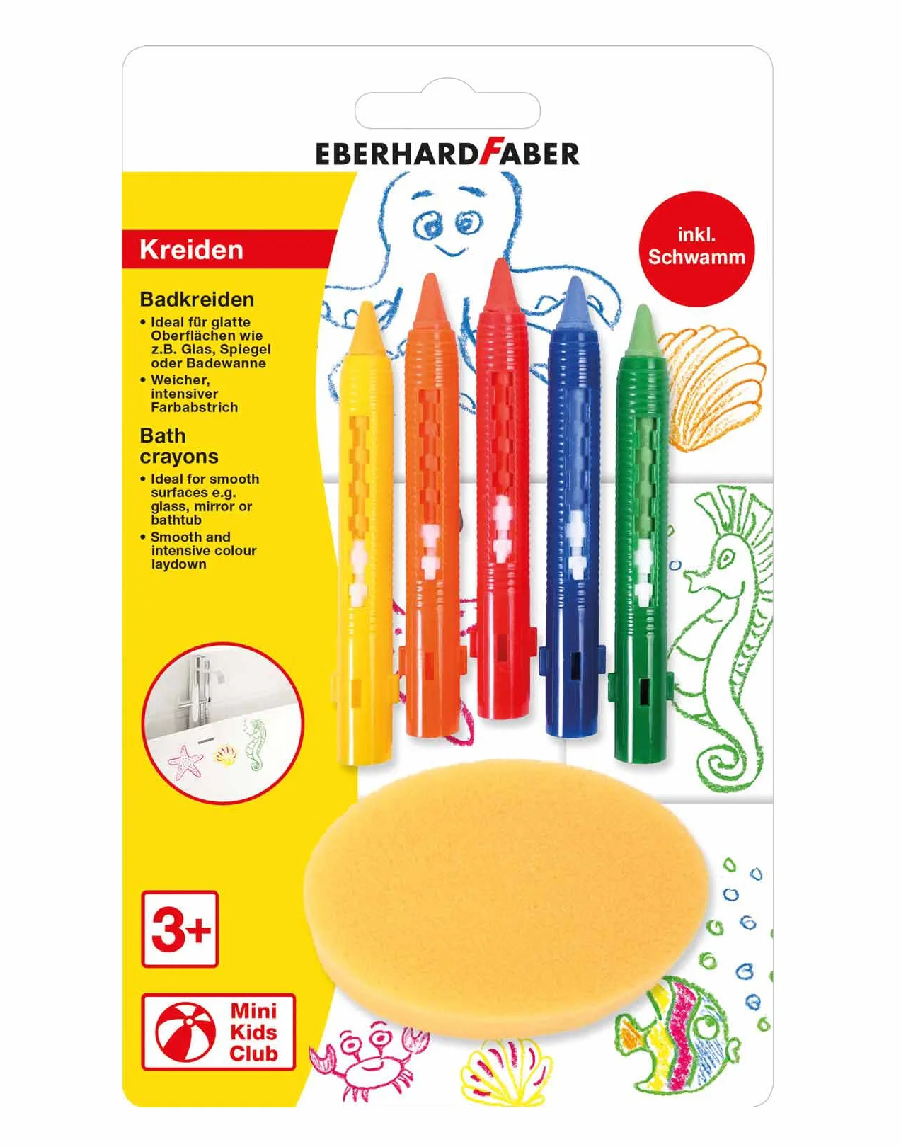 EBERHARD FABER 524105 - Zestaw kredek do kąpieli, 5 kredek do kąpieli i gąbka, zmywalne bez pozostawiania śladów