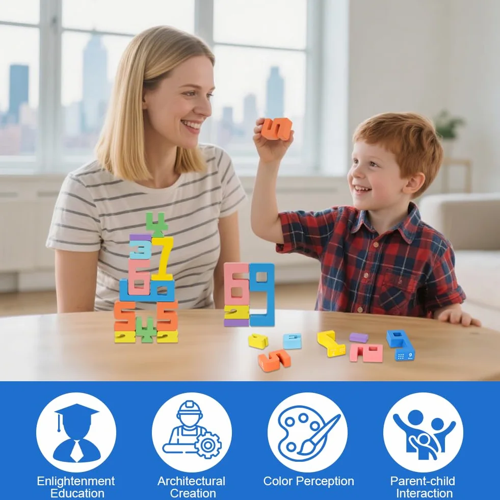 Ainiv Zabawki z Klockami Numerycznymi dla Dzieci, Drewniane Klocki z Liczbami od 1 do 10, Cyfrowe Klocki Montessori, Wczesne Gry Matematyczne dla Przedszkolaków (20 Klocków, 15 Kart)