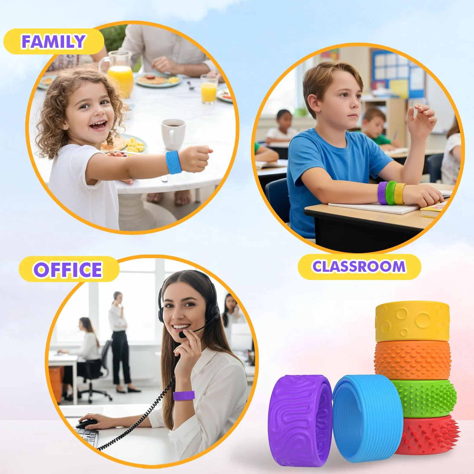 Silikonowe bransoletki sensoryczne Fidget Toys, 6 sztuk, antystresowe, redukujące stres, prezent dla dzieci i dorosłych, ADHD i autyzm, zabawki sensoryczne