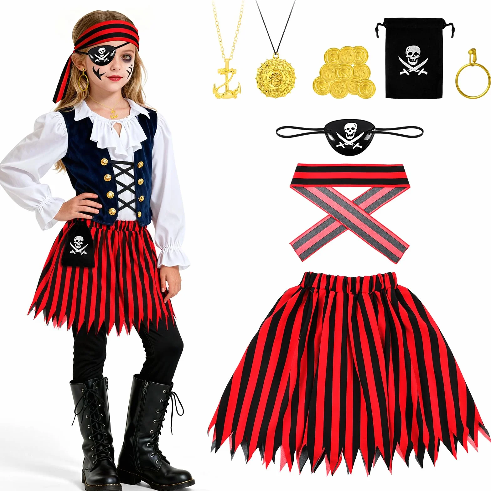 AOOWU Kostium pirata dla dziewcząt, zestaw do odgrywania ról, ze spódnicą piracką i opaską na głowę, sukienka księżniczki Buccaneer dla dziewcząt, przebranie kapitana pirata, na przyjęcie urodzinowe